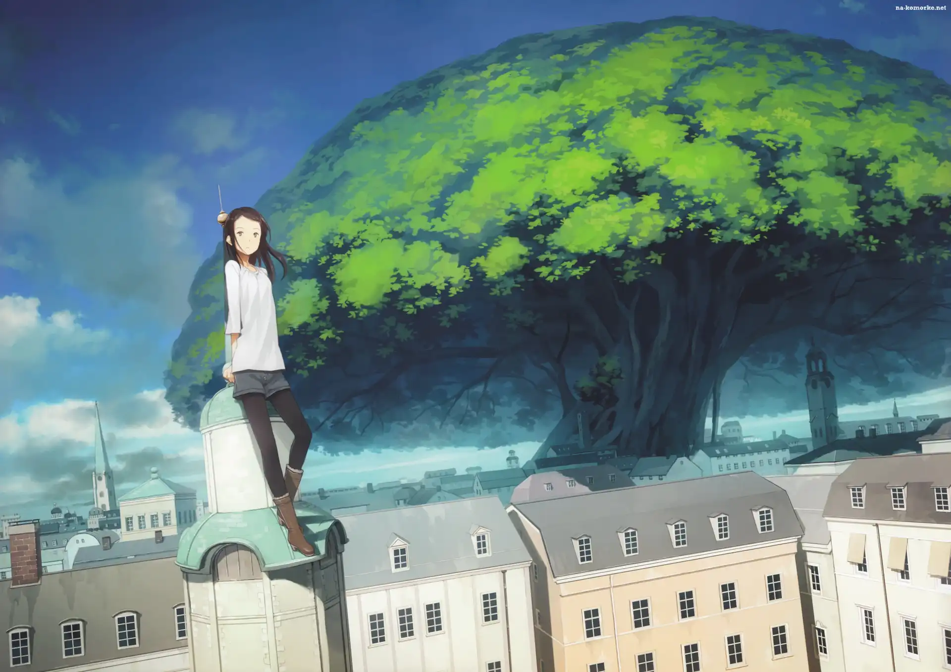 Dziewczyna, Anime, Miasto, Drzewo