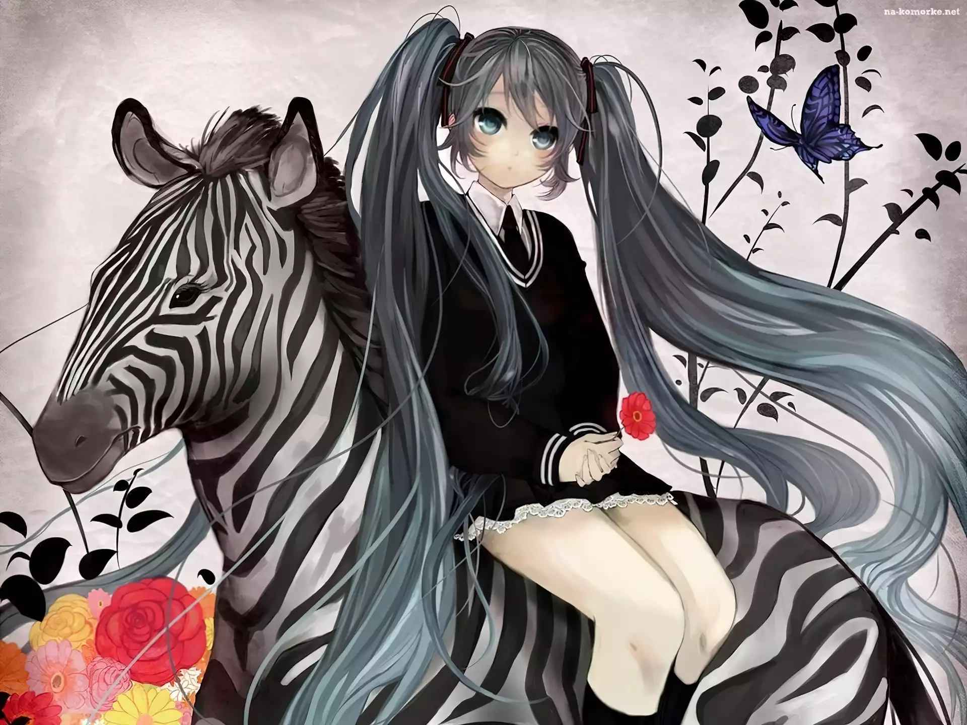 Dziewczyna, Kwiaty, Motyl, Zebra