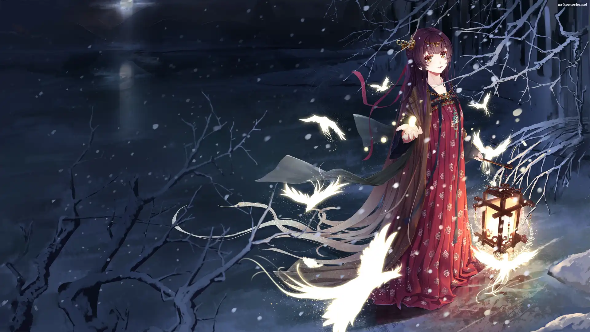 Dziewczyna, Anime, Noc, Åšnieg