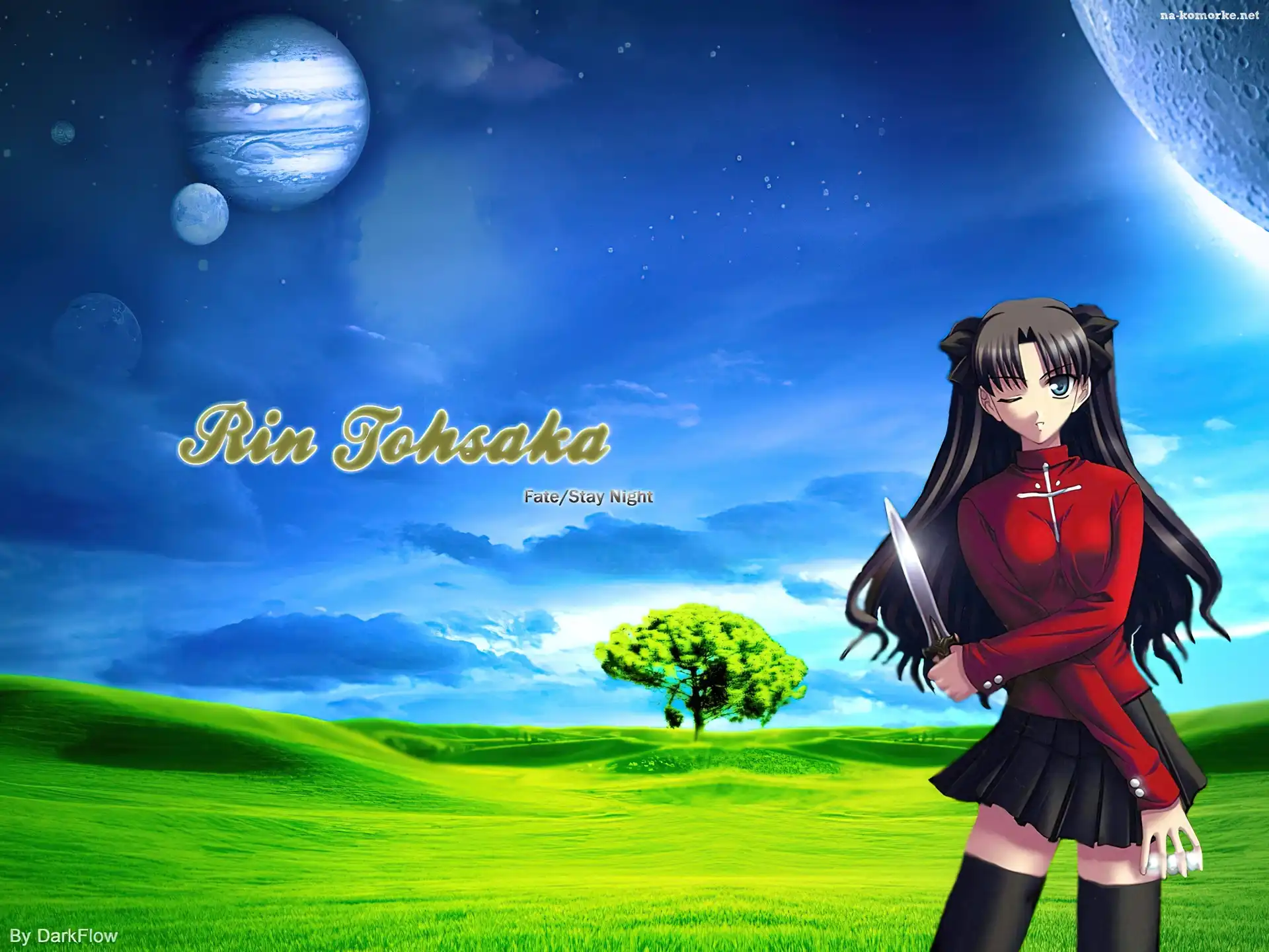 planety, dziewczyna, Fate Stay Night, drzewo, sztylet, polana