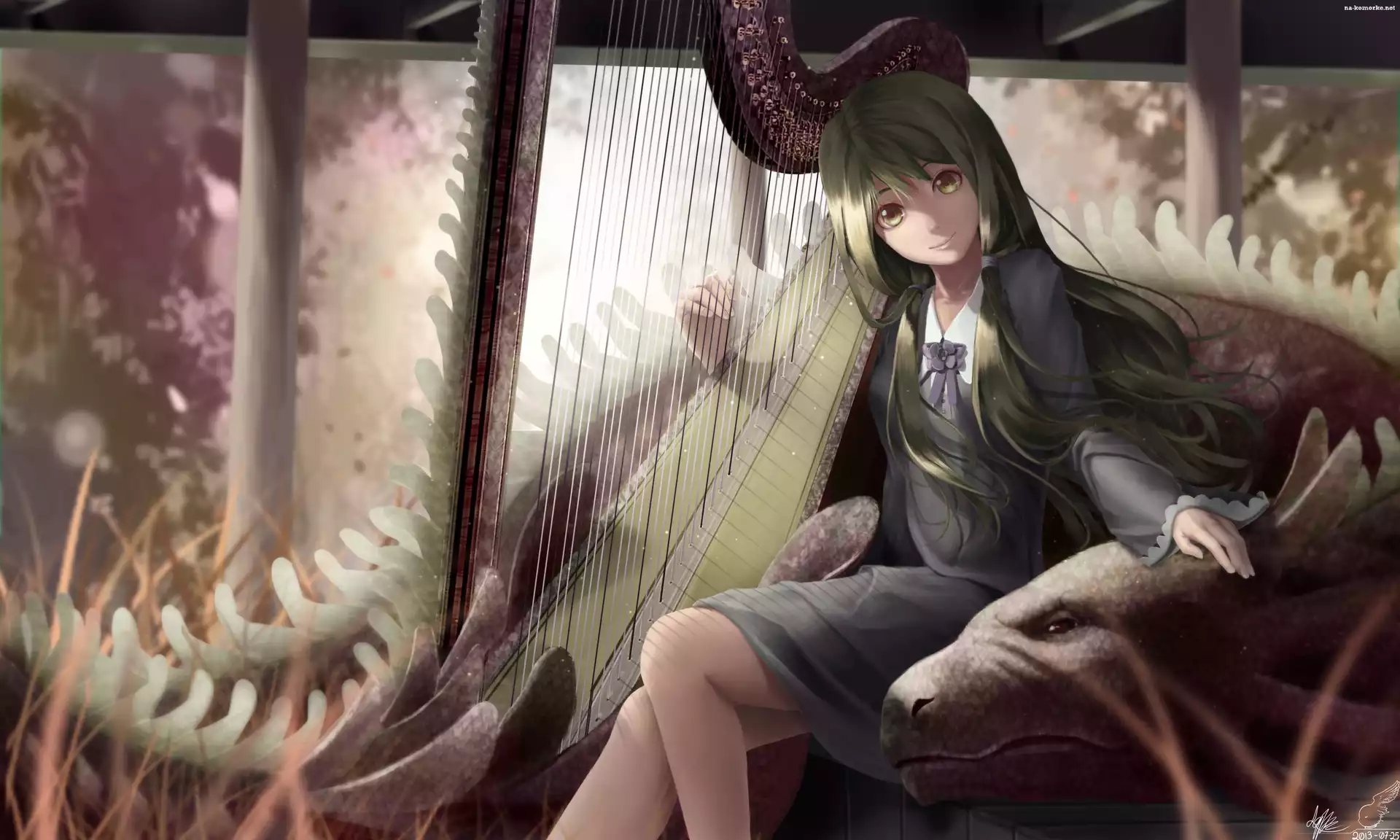 Dziewczyna, Anime, Smok, Harfa