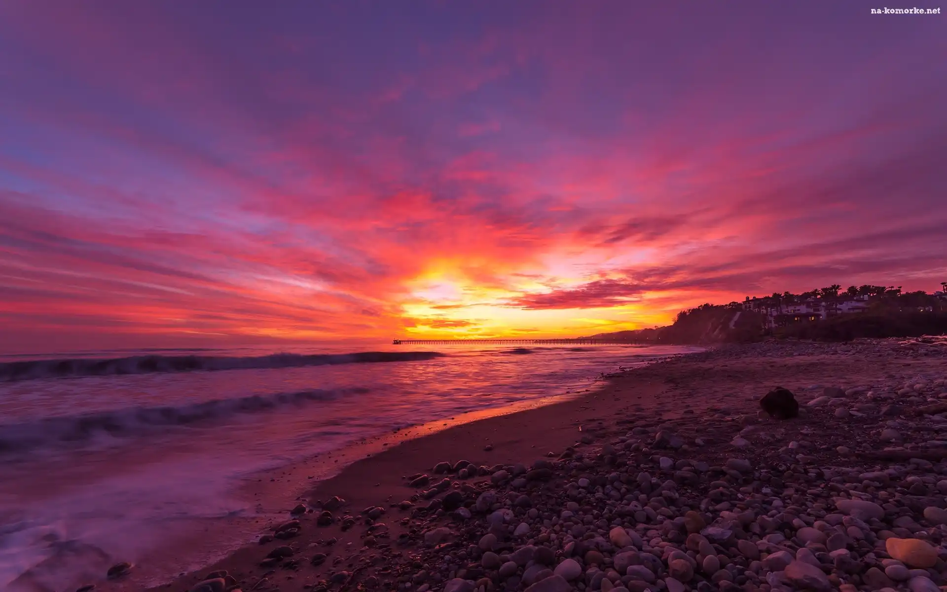 El Capitan State Beach, Morze, Zachód słońca, Kamienie, Stany Zjednoczone, Plaża, Stan Kalifornia, Molo, Santa Barbara