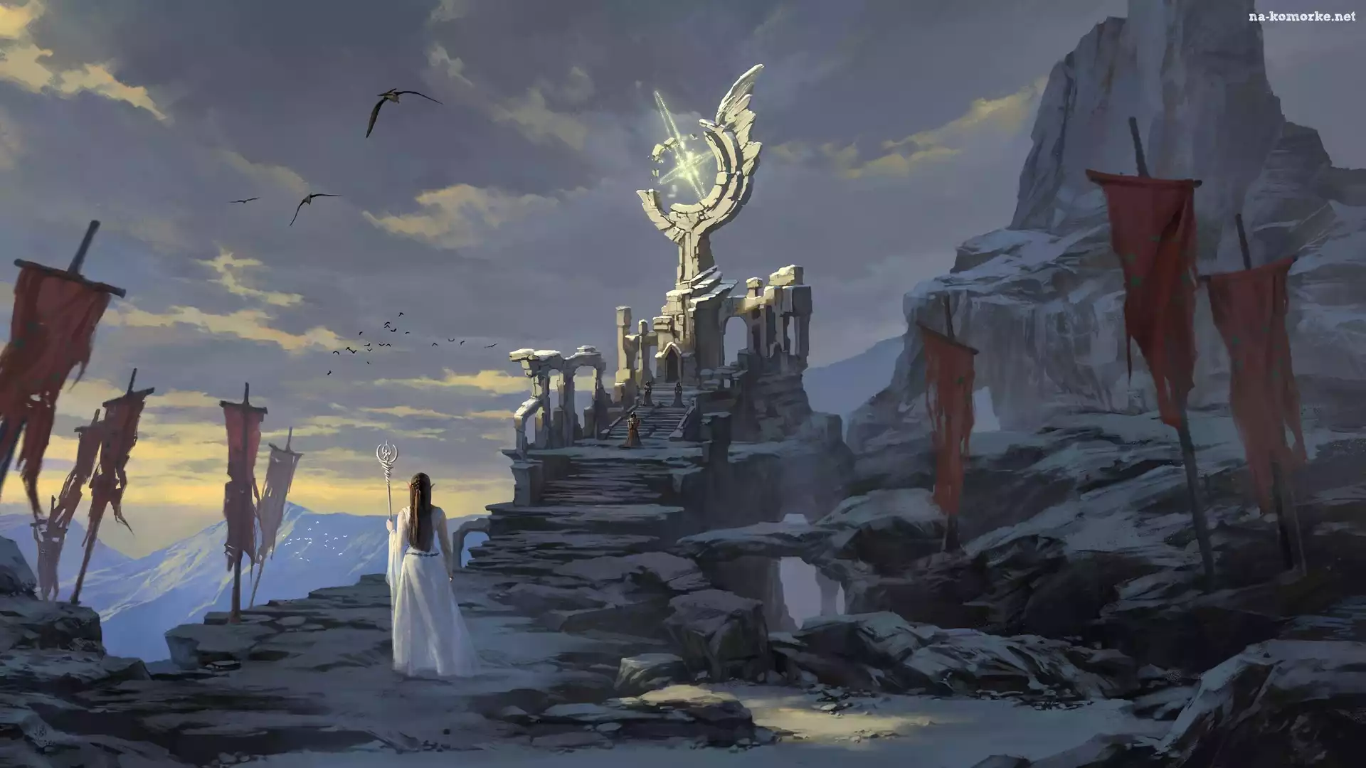 Fantasy, Elf, Góry, Chorągwie, Skały, Ruiny, Postacie, Dziewczyna