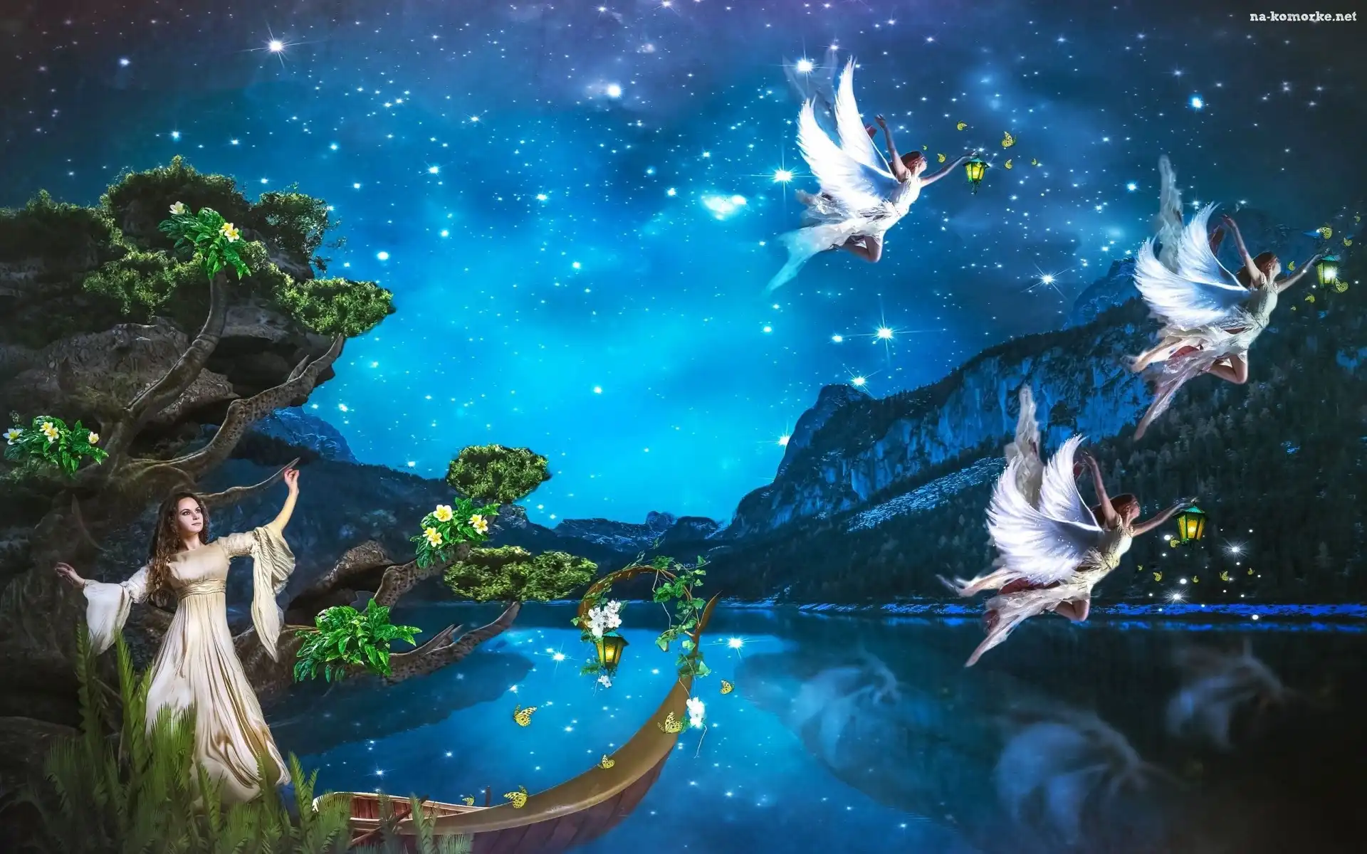 Jezioro, Fantasy, Gwiazdy, Drzewa, Dziewczyna, Góry, Aniołki, Noc, Elfy
