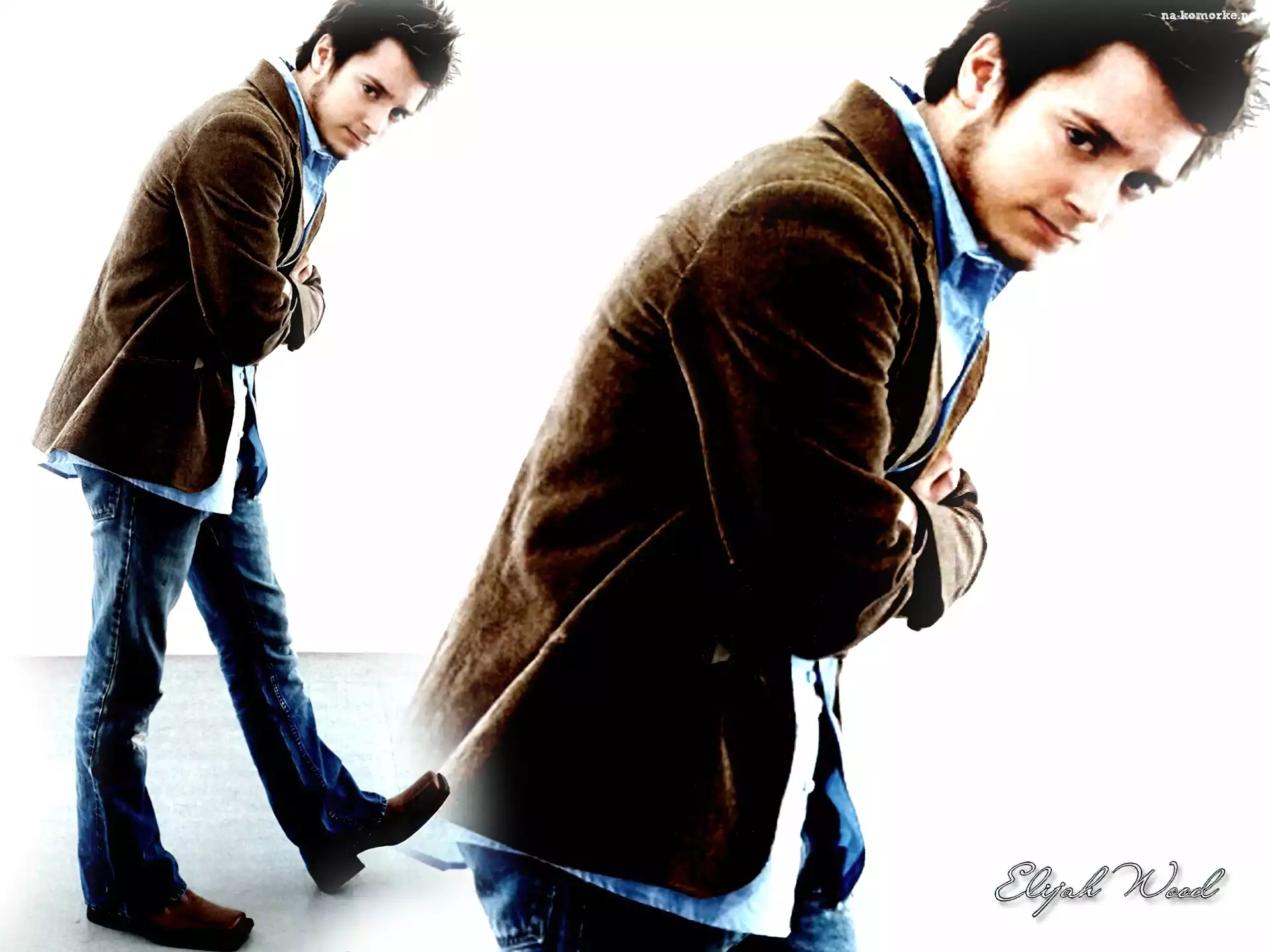 Elijah Wood, brÄ…zowa marynarka, jeansy
