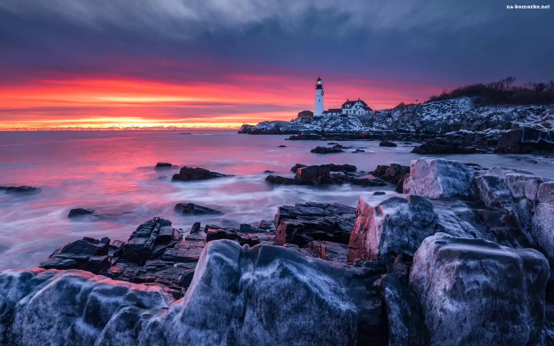 Portland Head Light, Maine, Zachód słońca, Morze, Cape Elizabeth, Stany Zjednoczone, Kamienie, Latarnia morska