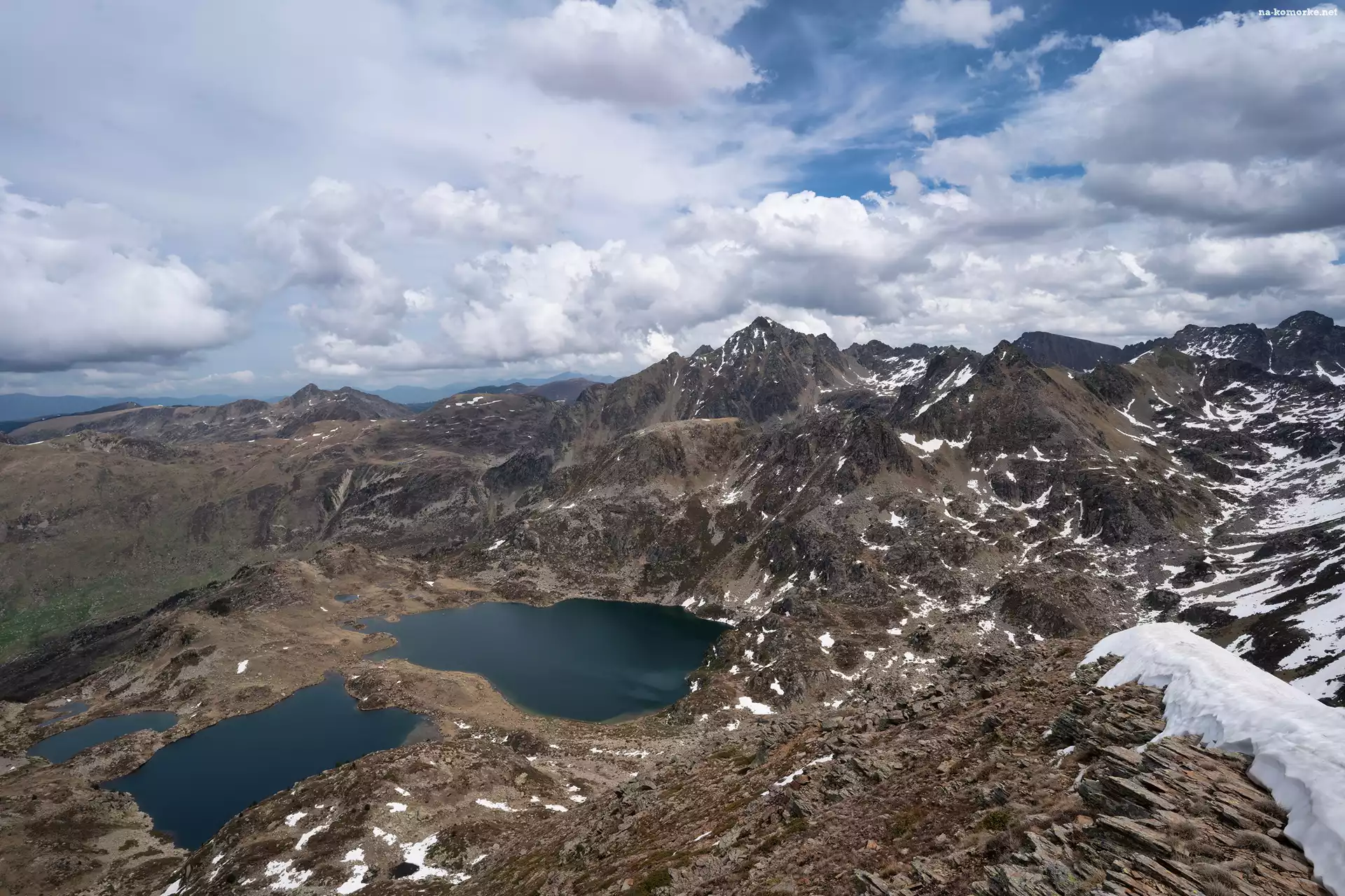 Jeziora, Śnieg, Góry, Francja, Pireneje, Niebo, Etangs de Fontargente, Dolina Aston