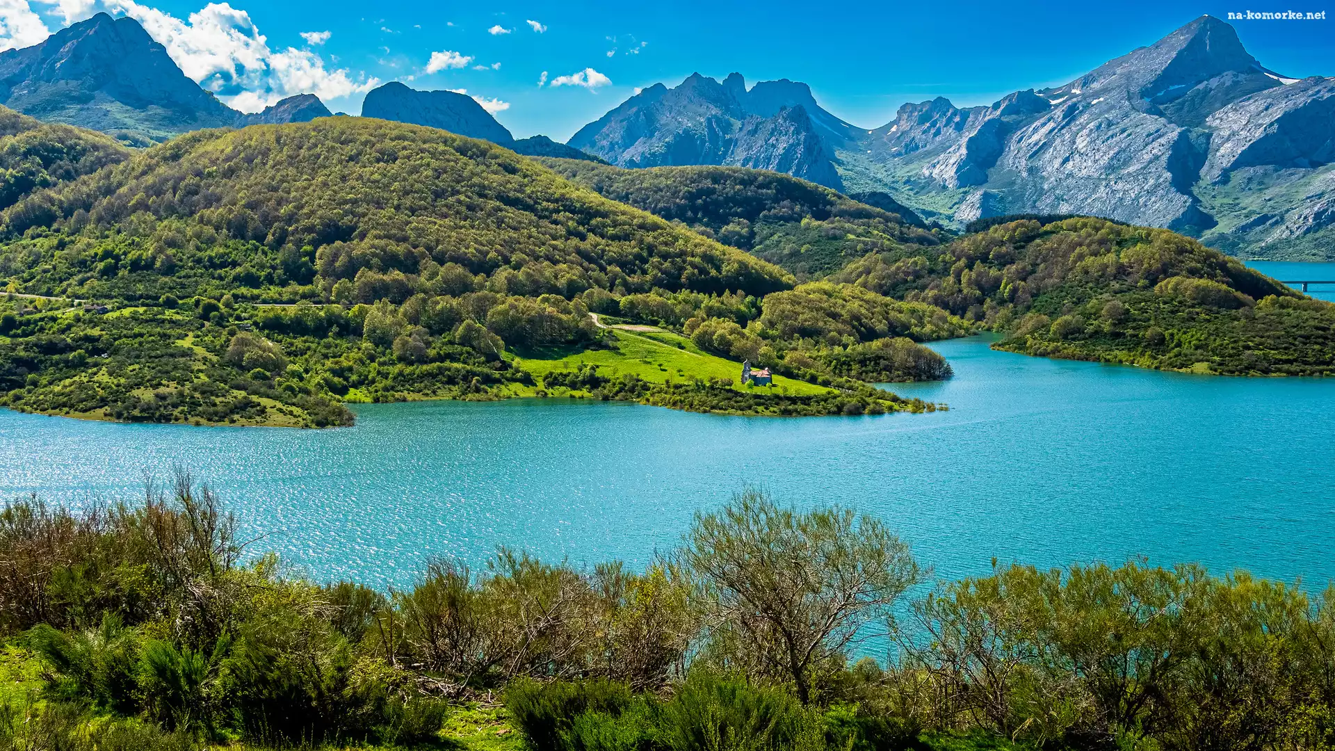 Hiszpania, Drzewa, Góry, Jezioro Embalse, Picos de Europa