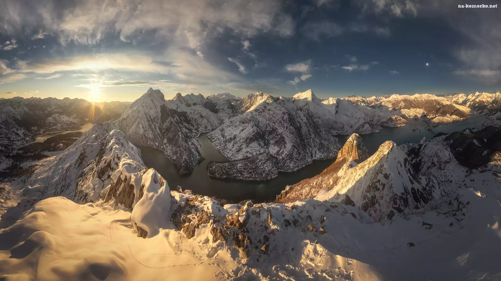 Rzeka Esla, Wschód słońca, Ośnieżone, Hiszpania, Masyw, Picos de Europa, Góry Kantabryjskie