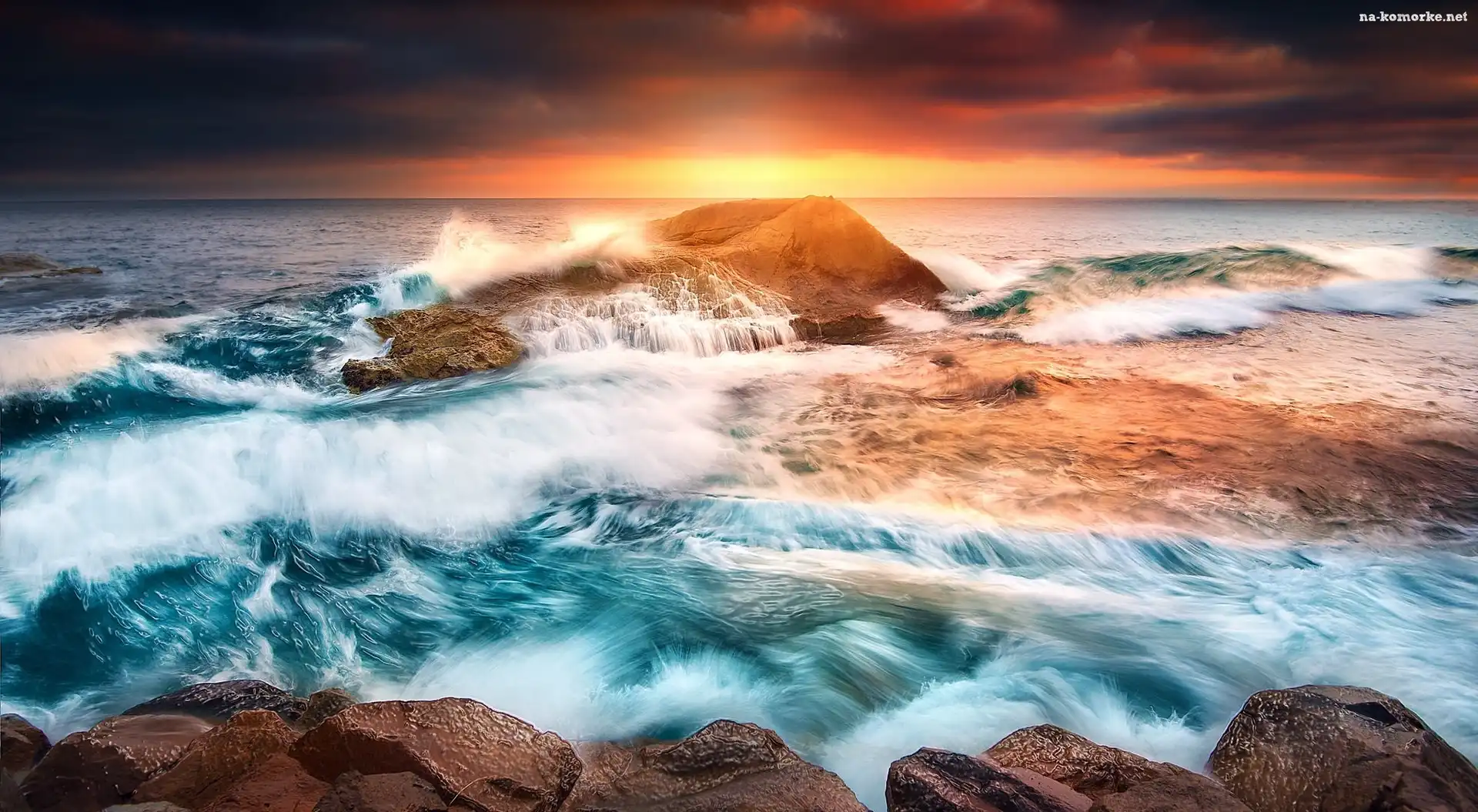 Stany Zjednoczone, Fale, Zachód słońca, Stan Kalifornia, Laguna Beach, Morze, Skały