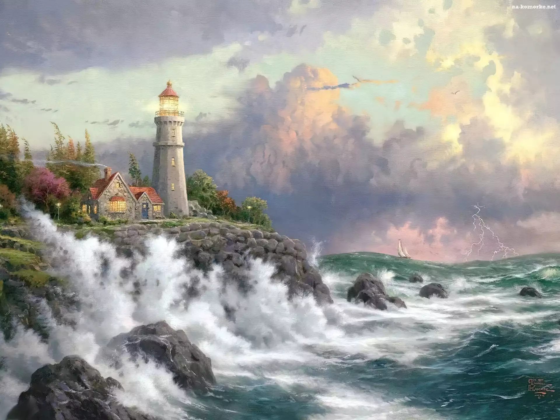 Morze, Fale, Thomas Kinkade, Niebo, Latarnia, Morska, Wybrzeże