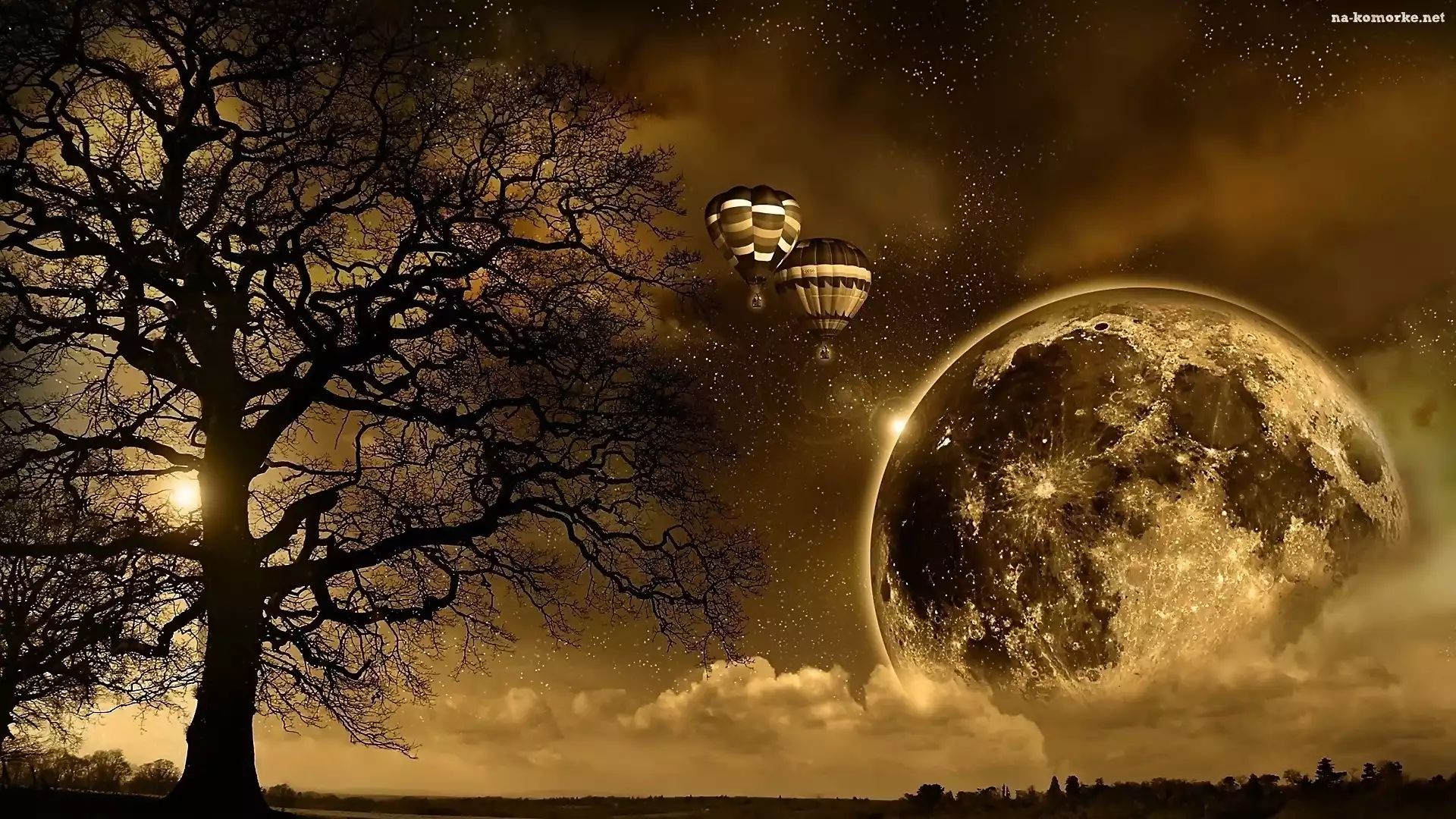 Fantasy, Gwiazdy, Księżyc, Balony, Drzewo