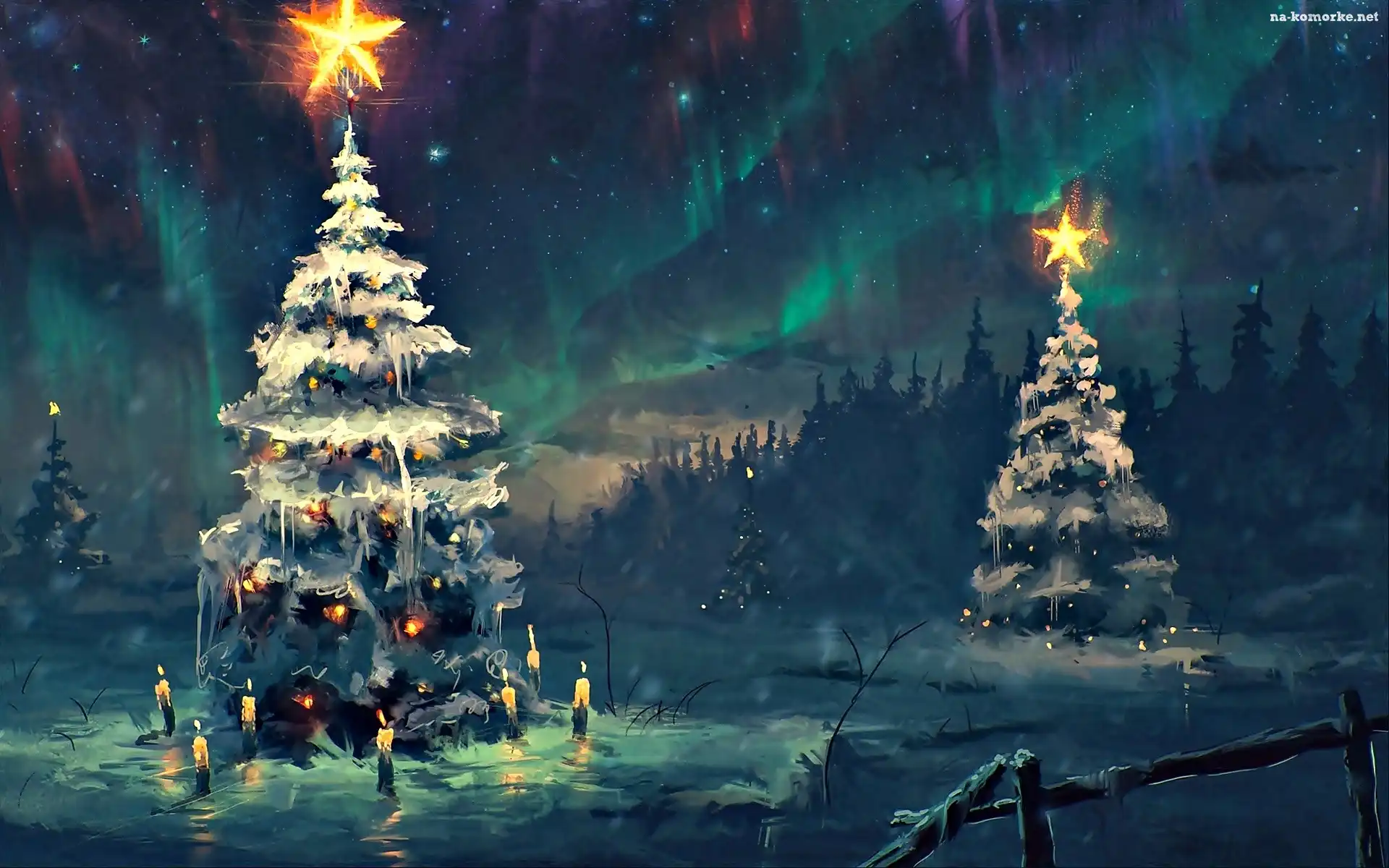 Fantasy, Zorza Polarna, Zima, Choinki, Noc