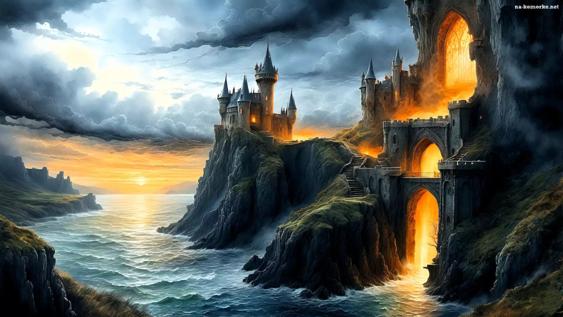 Światło, Chmury, Grafika, Fantasy, Skały, Zamek, Morze