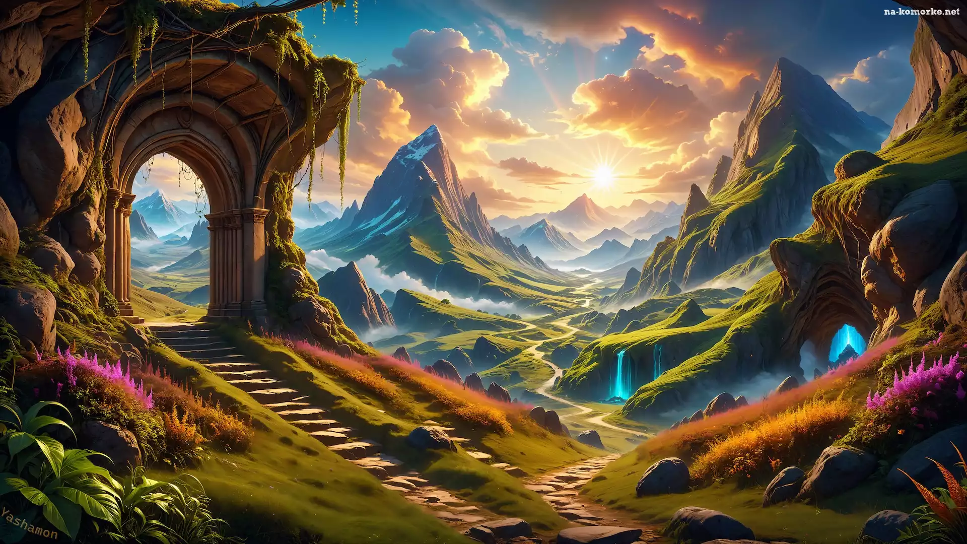 Schody, Roślinność, Grafika, Fantasy, Budowla, Łuk, Góry
