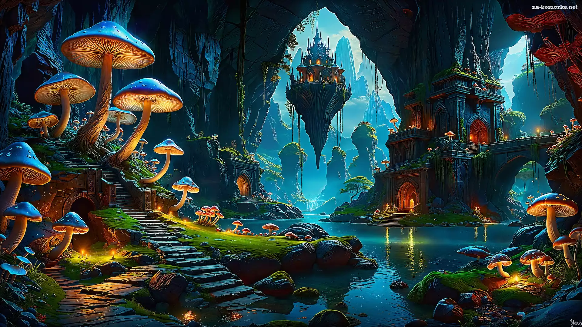Schody, Rzeka, Grzyby, Fantasy, Drzewa, Jaskinia