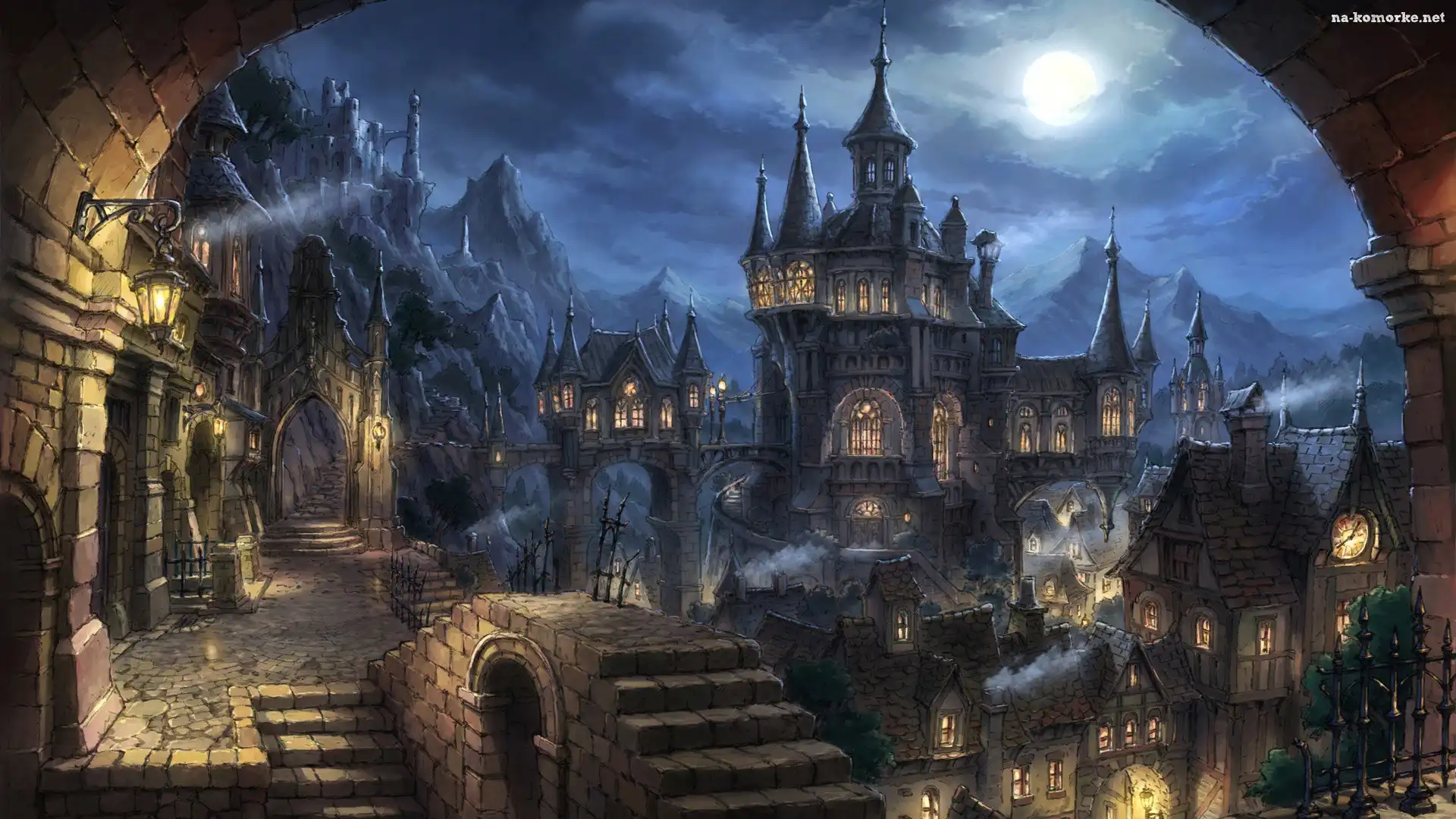 Fantasy, Zamek, Noc, Księżyc, Góry