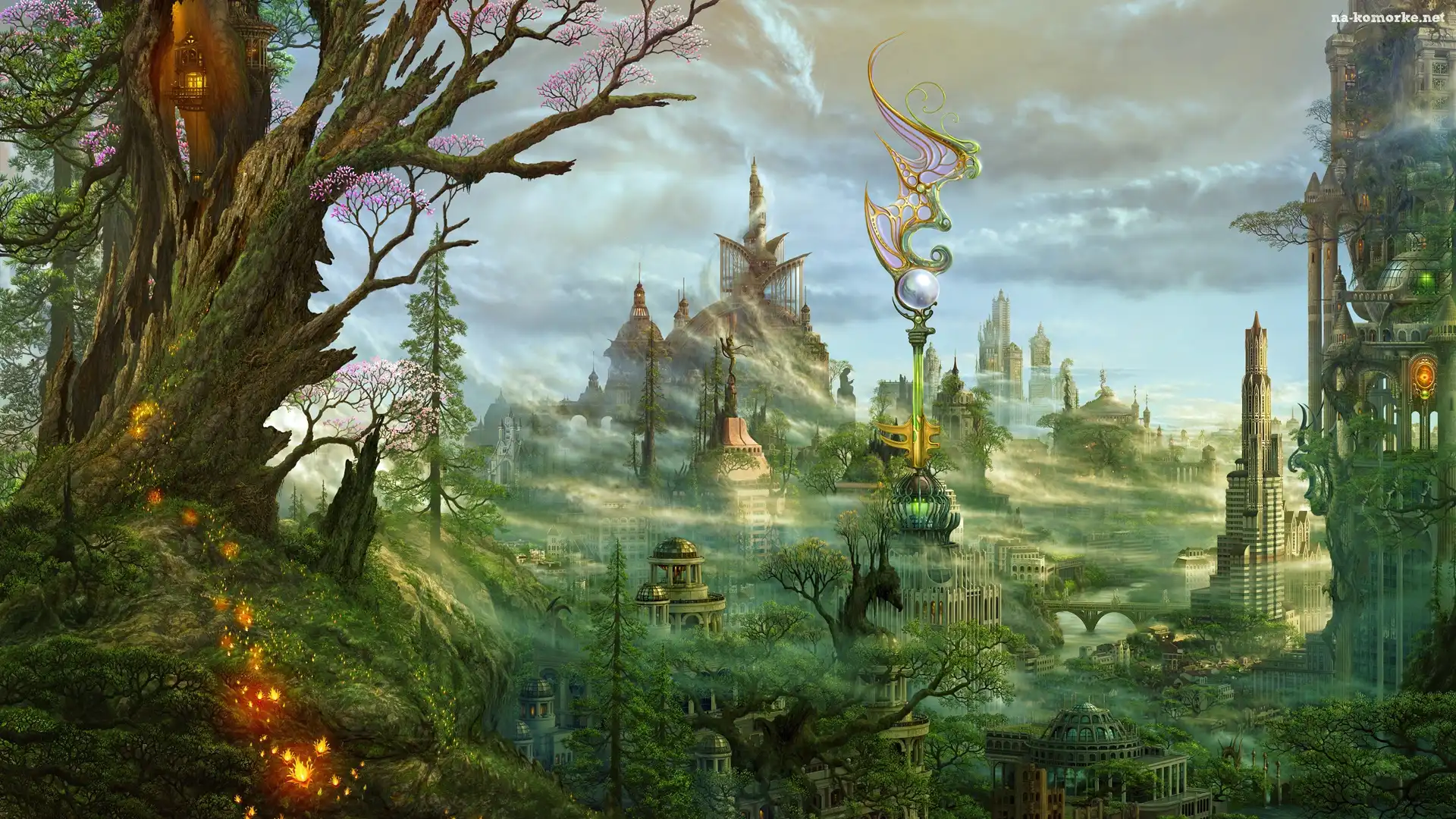 Fantasy, Drzewa, Miasto, Budynki