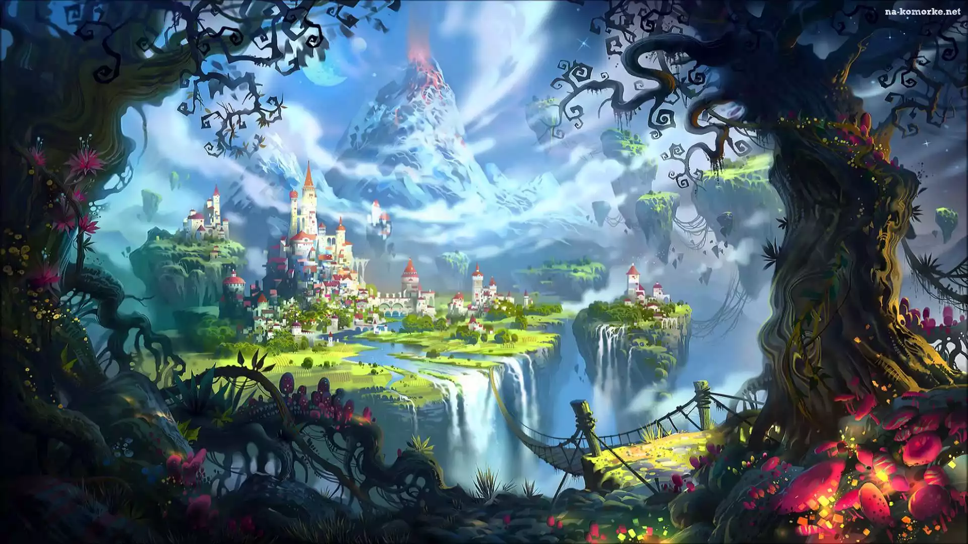Fantasy, Wulkan, Miasto, Most, Drzewa