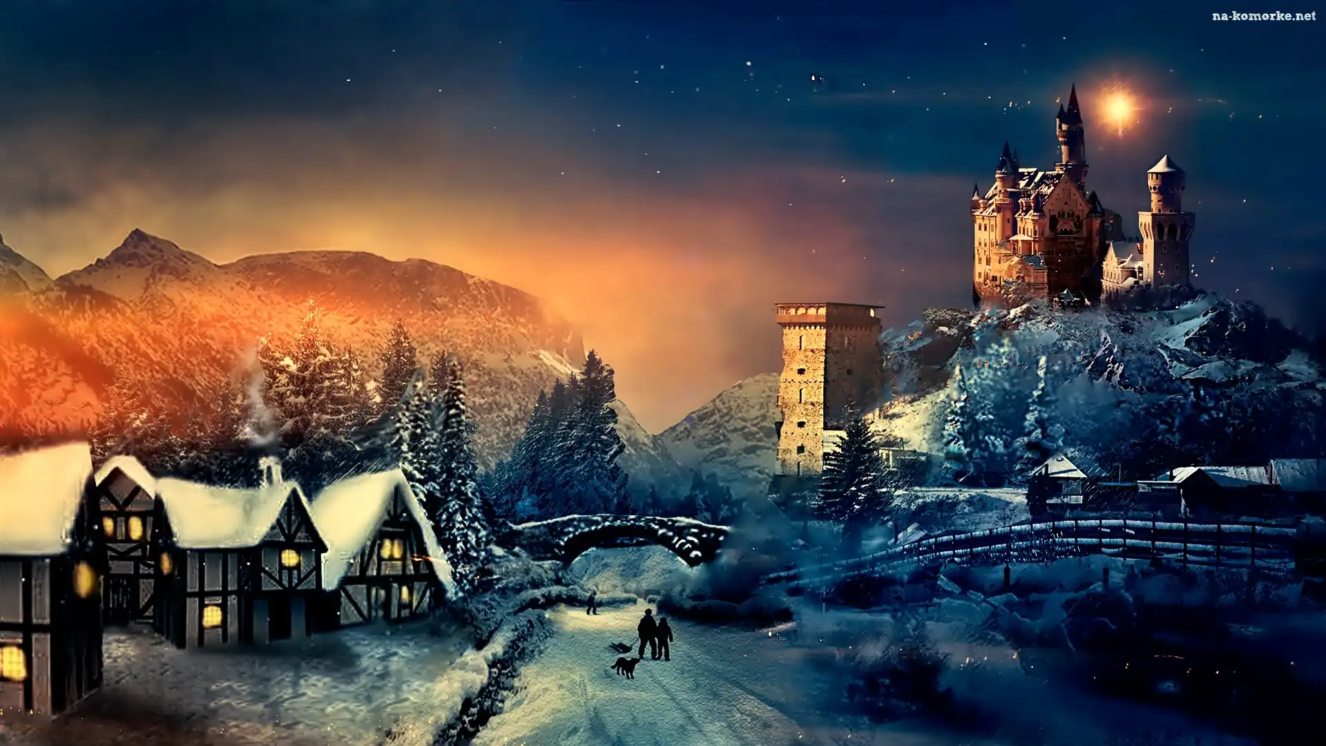 Fantasy, Zima, Noc, Zamek, Domy