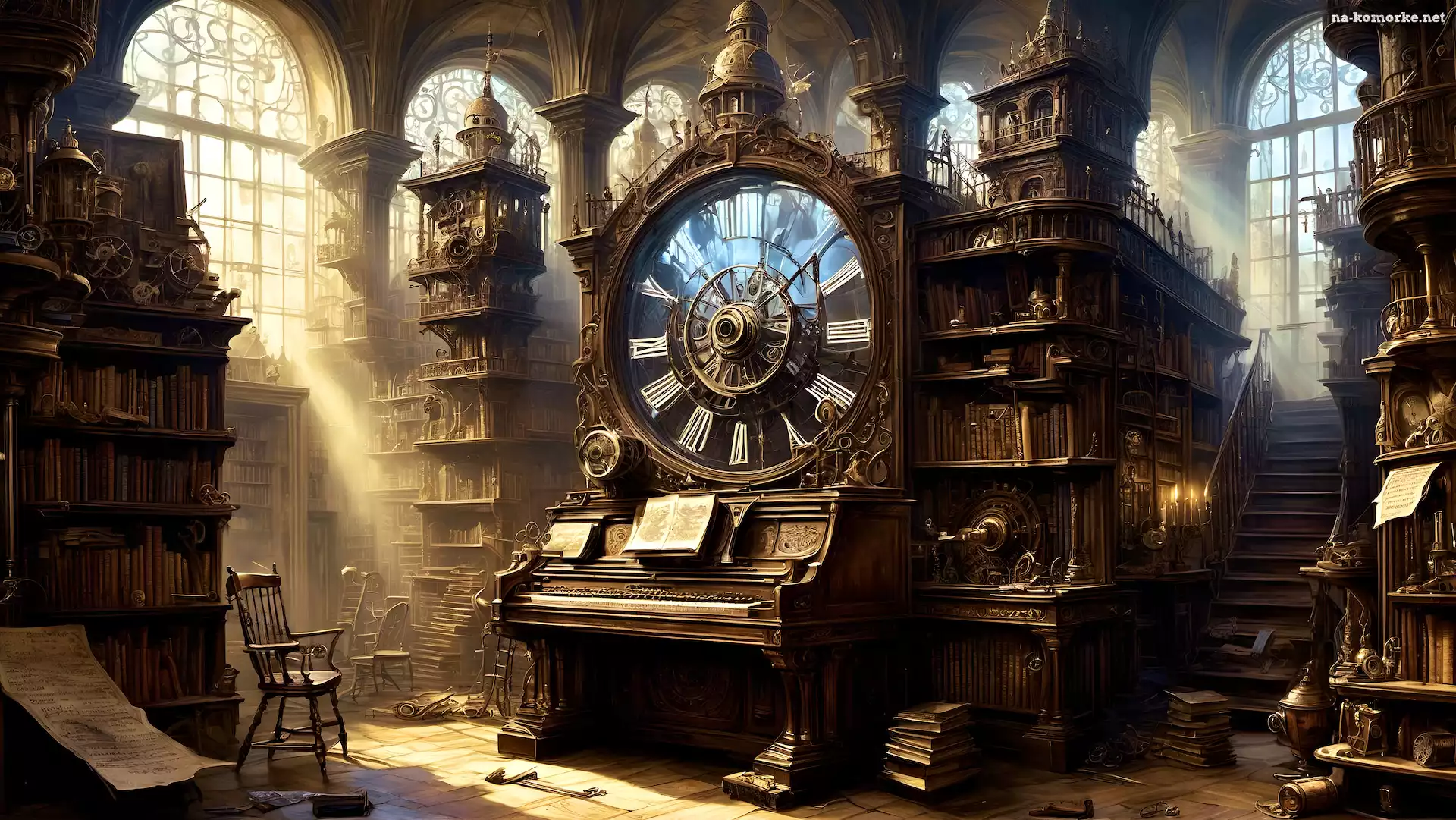 Wnętrze, Steampunk, Zegar, Fantasy, Organy, Wehikuł czasu