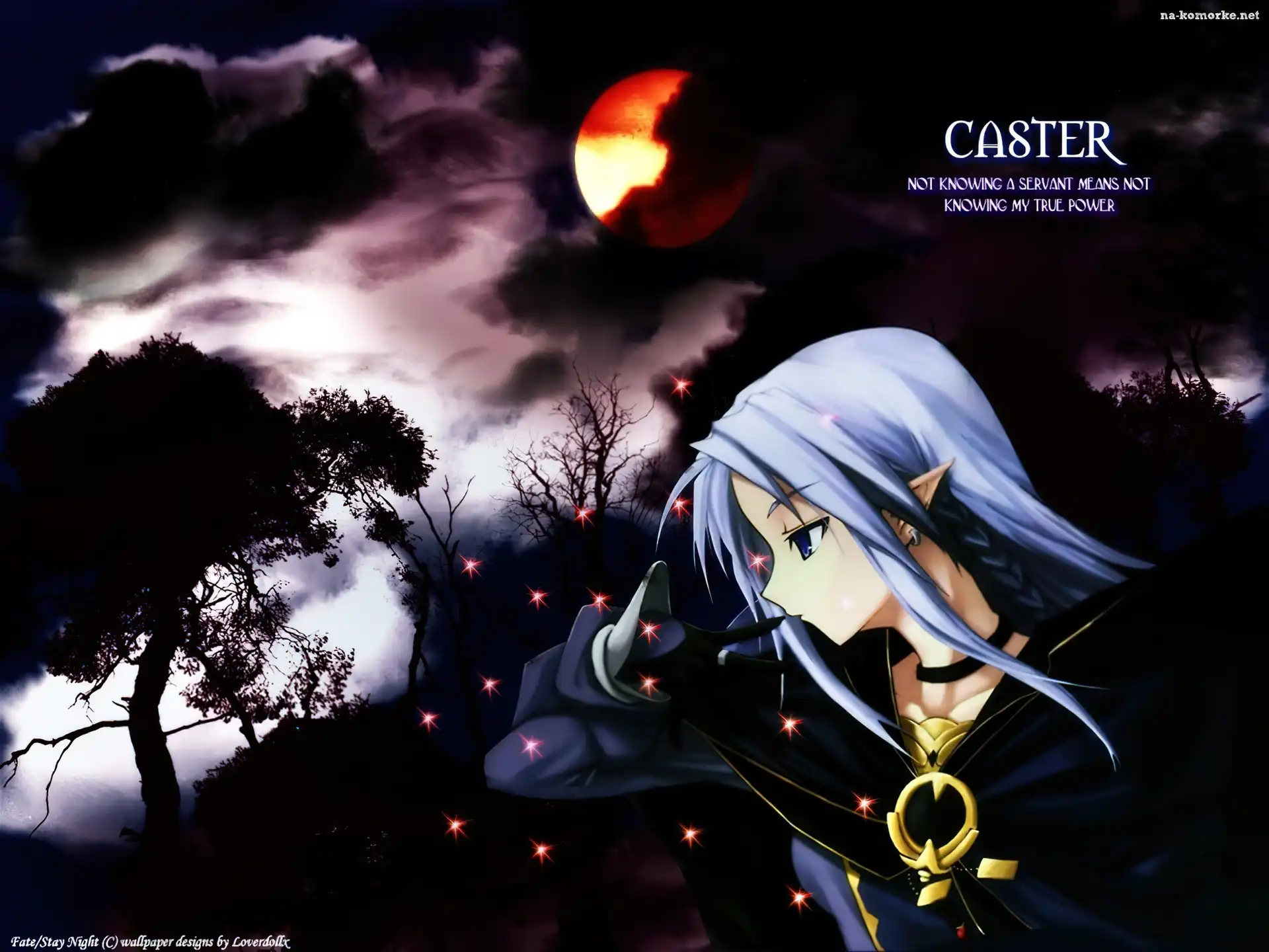 drzewa, Fate Stay Night, noc, księżyc, kobieta