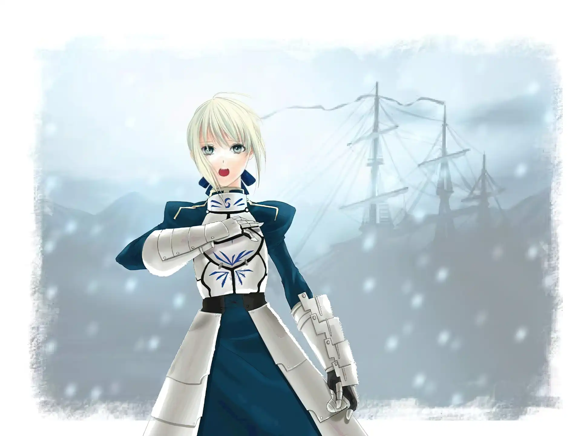 Fate Stay Night, śnieg, dziewczyna, statek