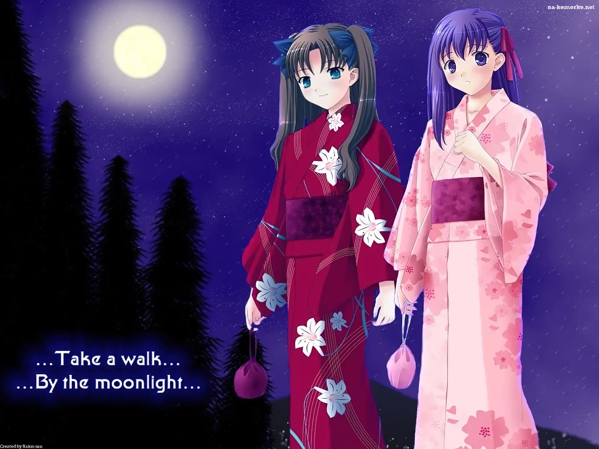 Fate Stay Night, księżyc, dziewczyny, kimono