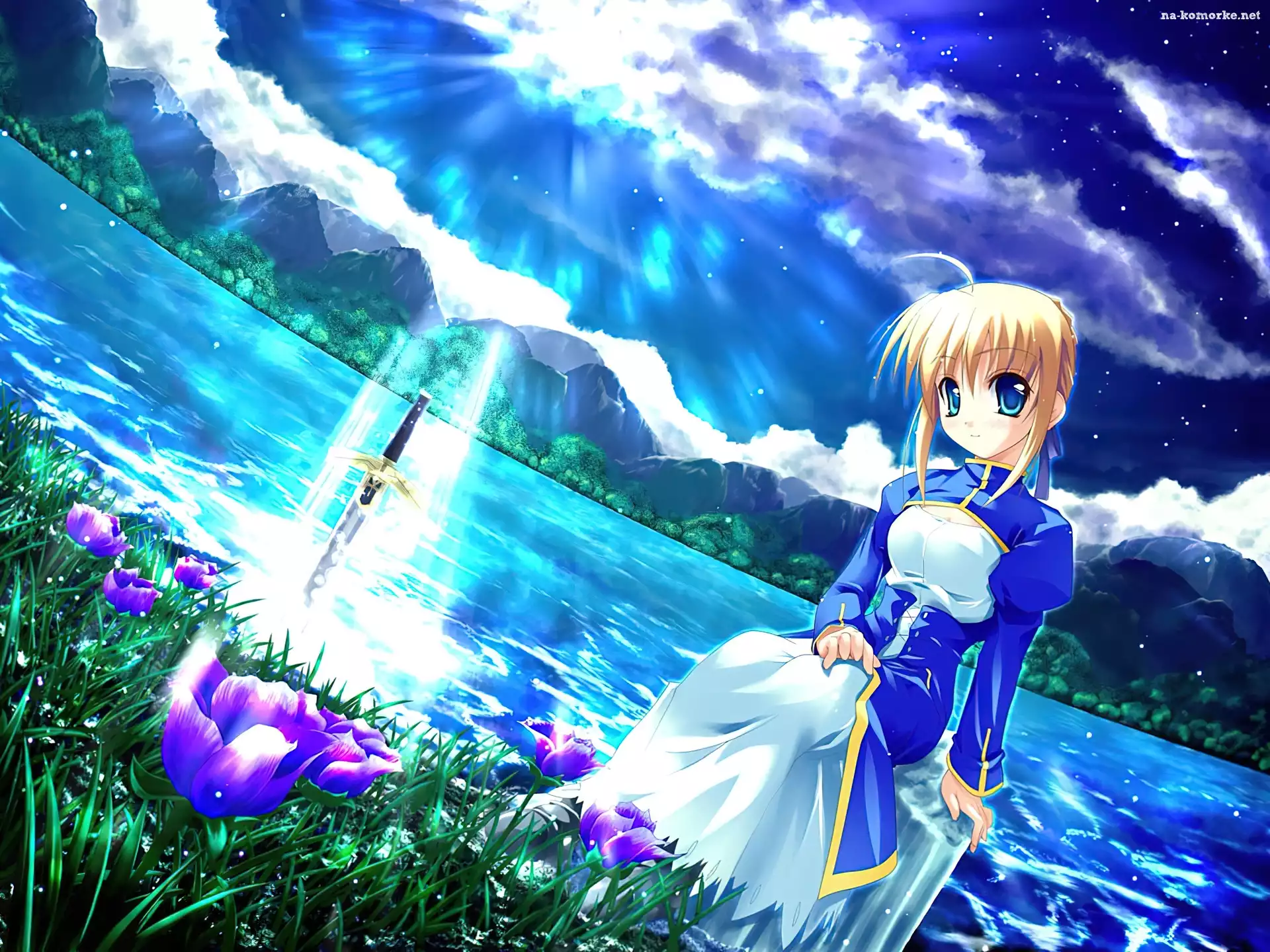 Fate Stay Night, jezioro, miecz, kobieta, kwiatki