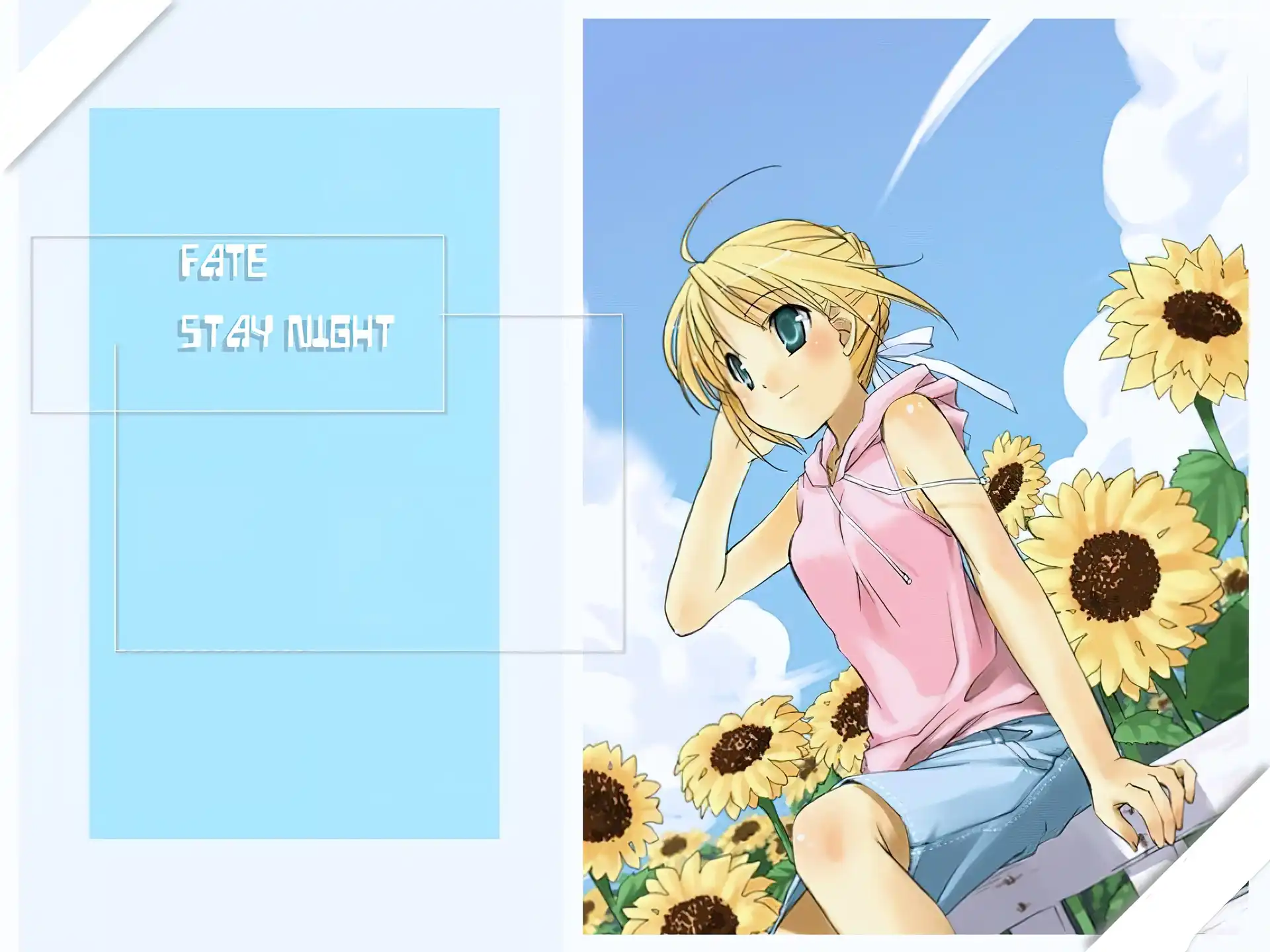 Fate Stay Night, słoneczniki, napis, dziewczyna