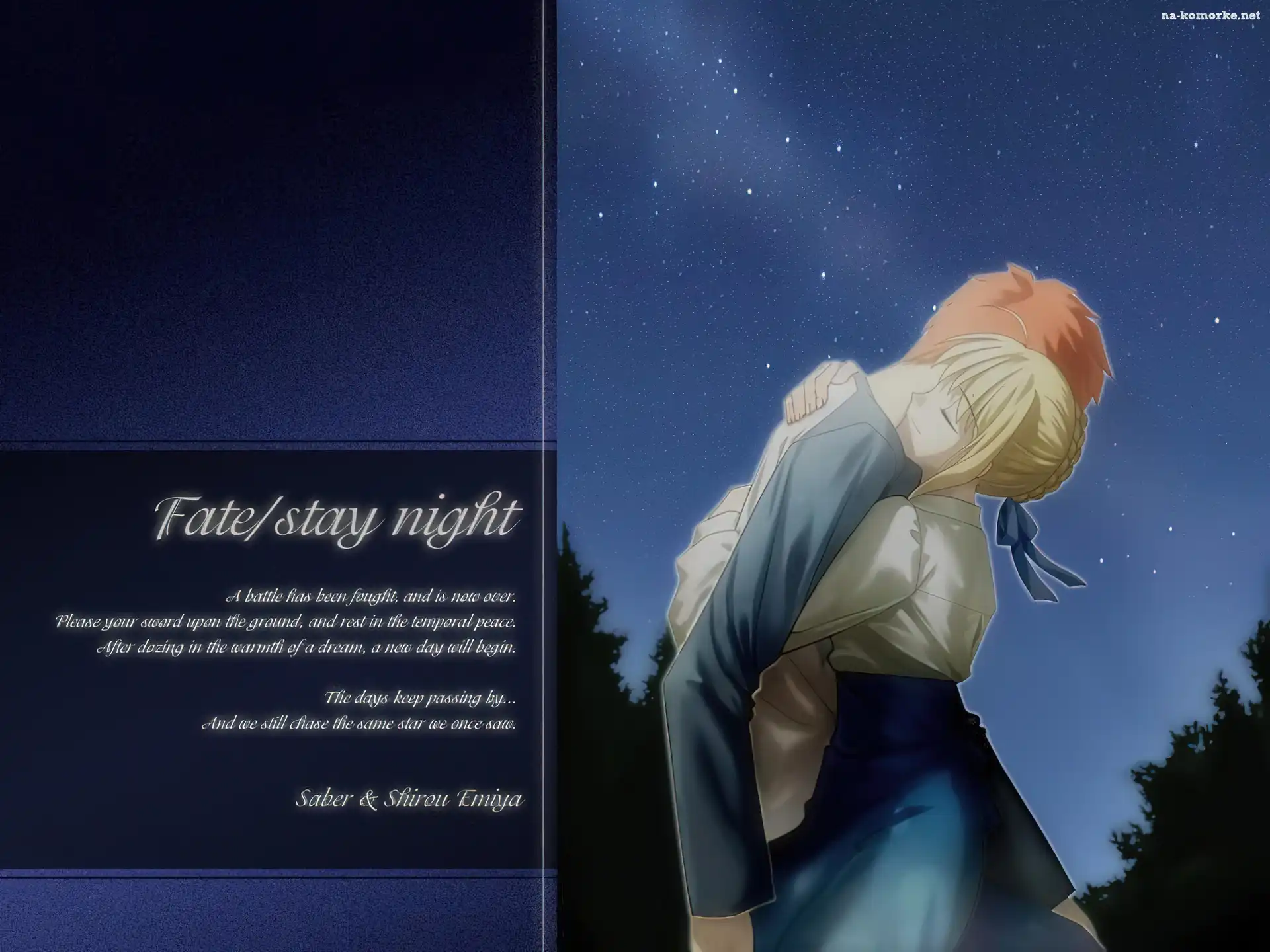 niebo, Fate Stay Night, przytulenie, ludzie , noc