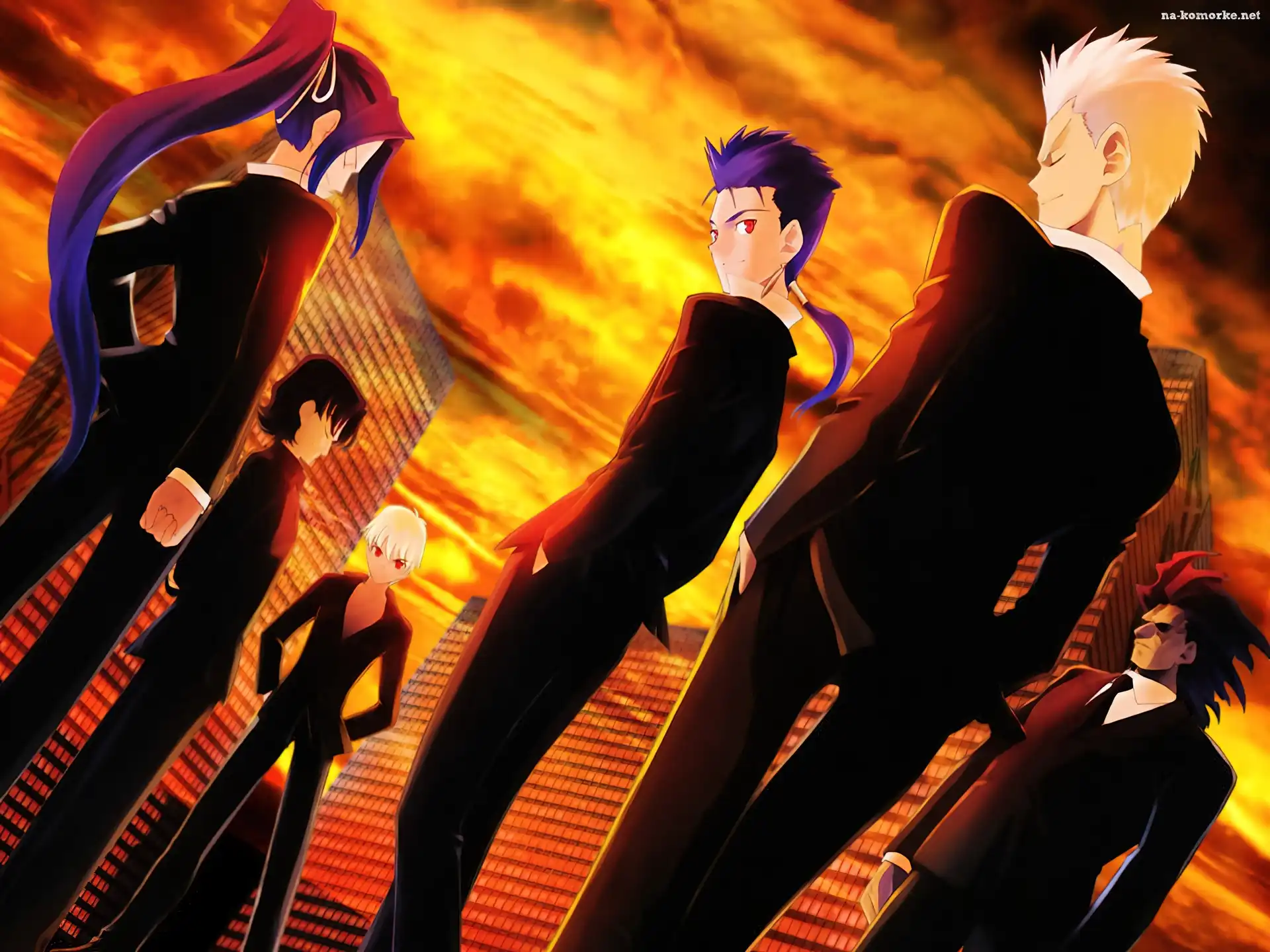 Fate Stay Night, garnitury, wieżowce, ludzie