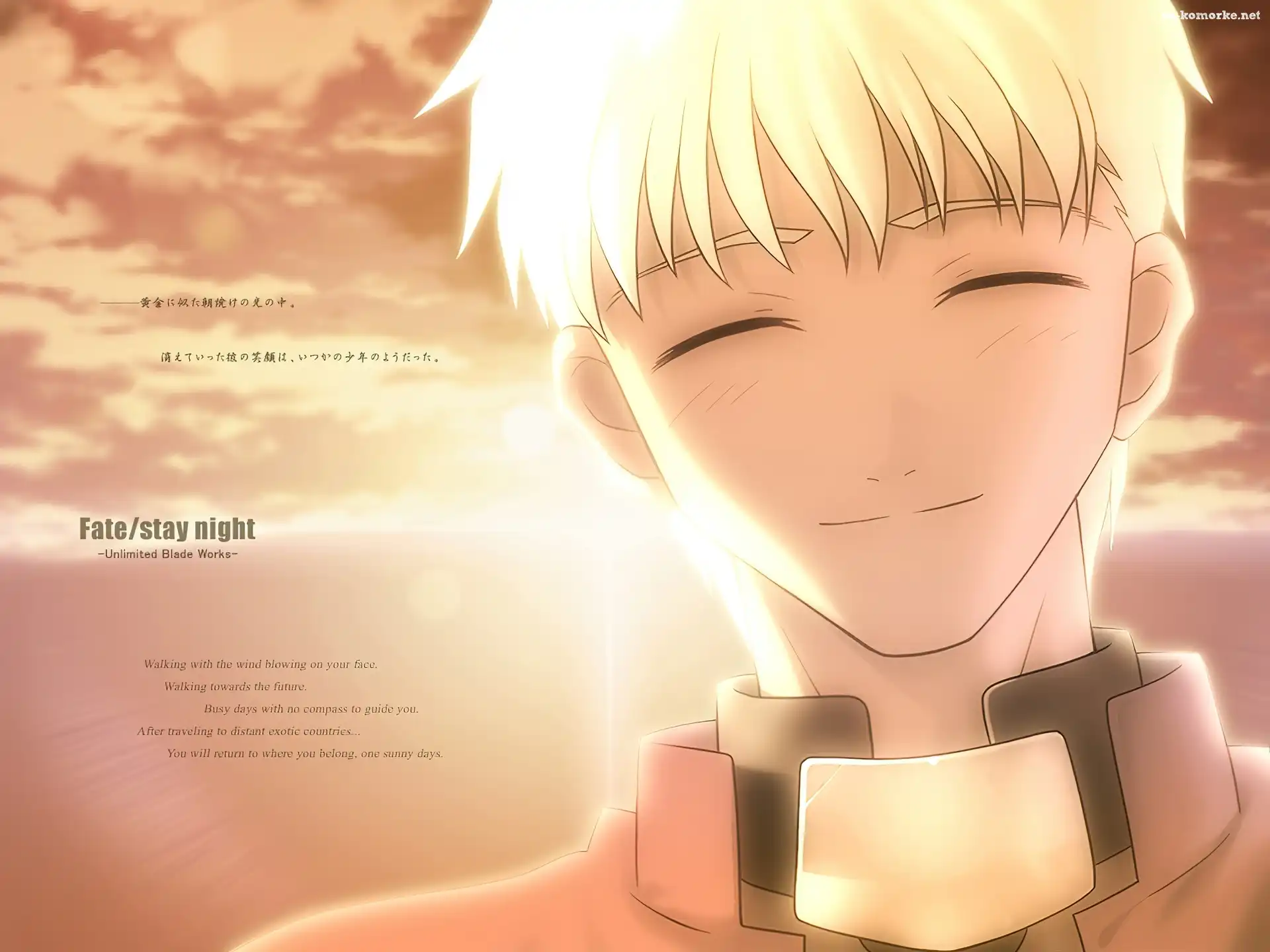 napisy, Fate Stay Night, zachód słońca, chłopak, woda