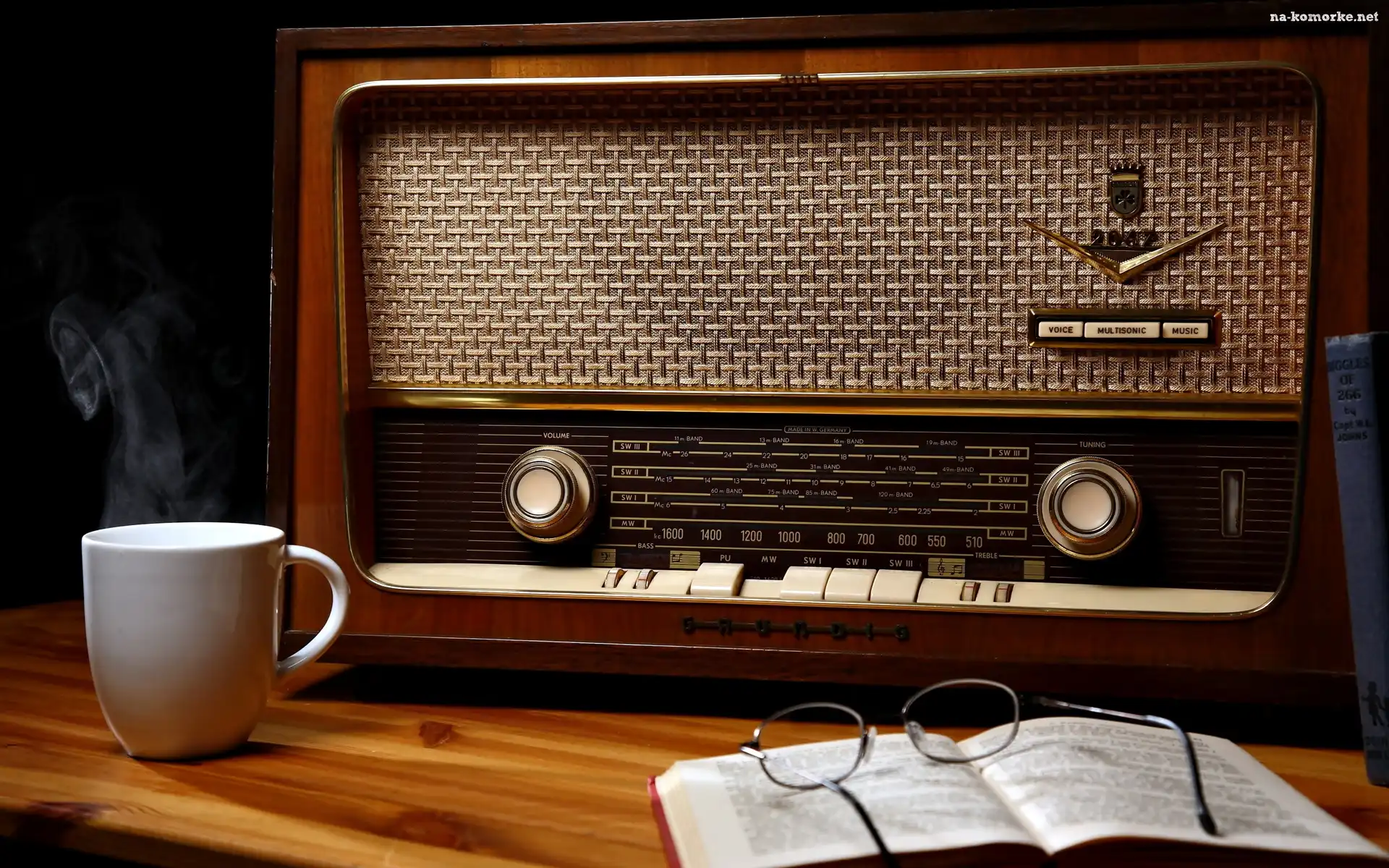 Filiżanka, Radio, Stare, Okulary, Książka