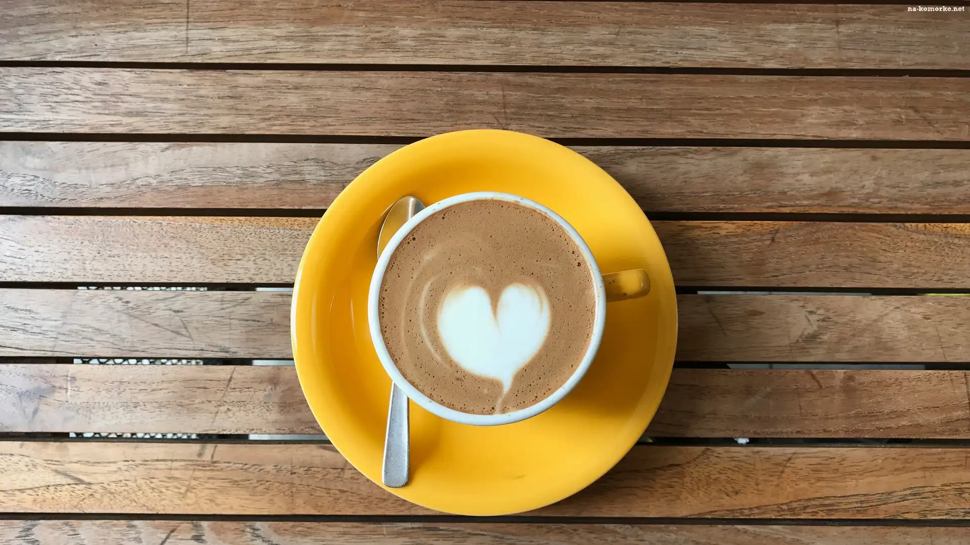 Kawa, Filiżanka, Pianka, Deski, Cappuccino, Serce, Łyżeczka, Żółta