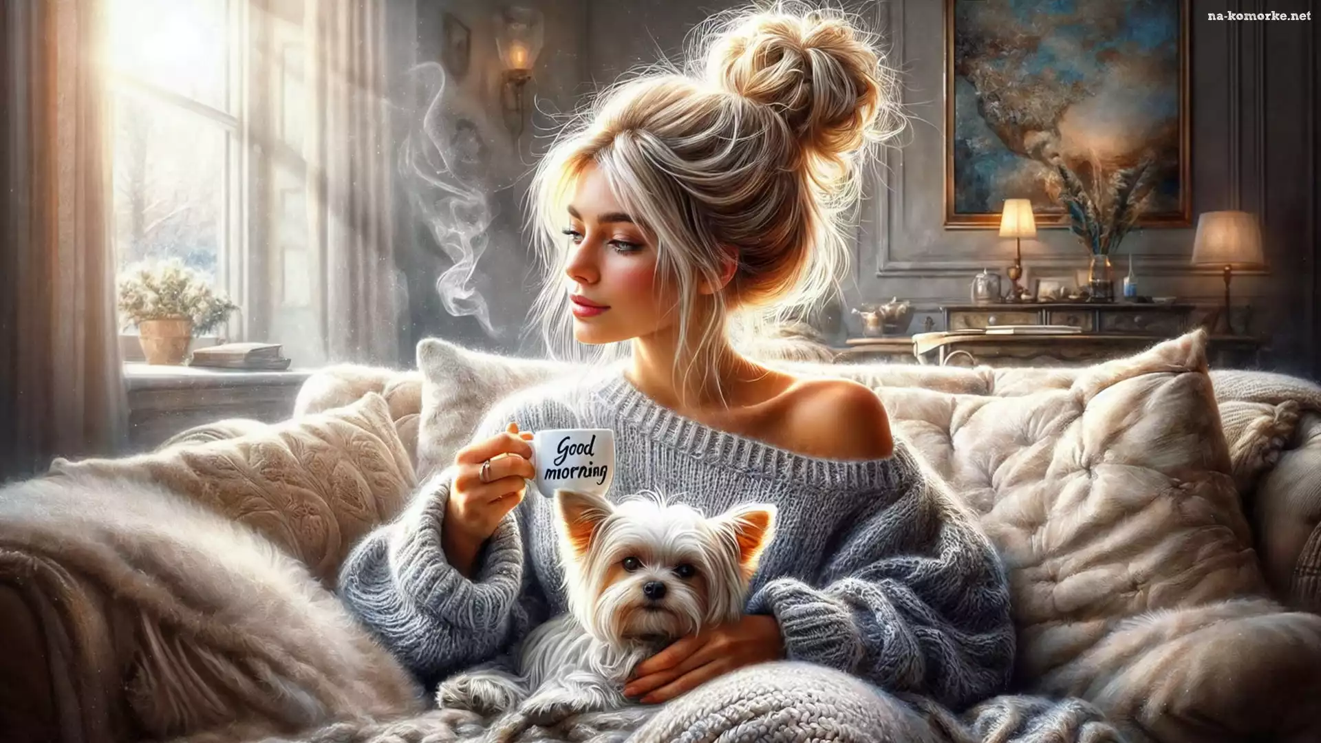 Filiżanka, Lampy, Dziewczyna, Okno, Pies, Blondynka, Sofa, Poduszki, Pokój, Grafika