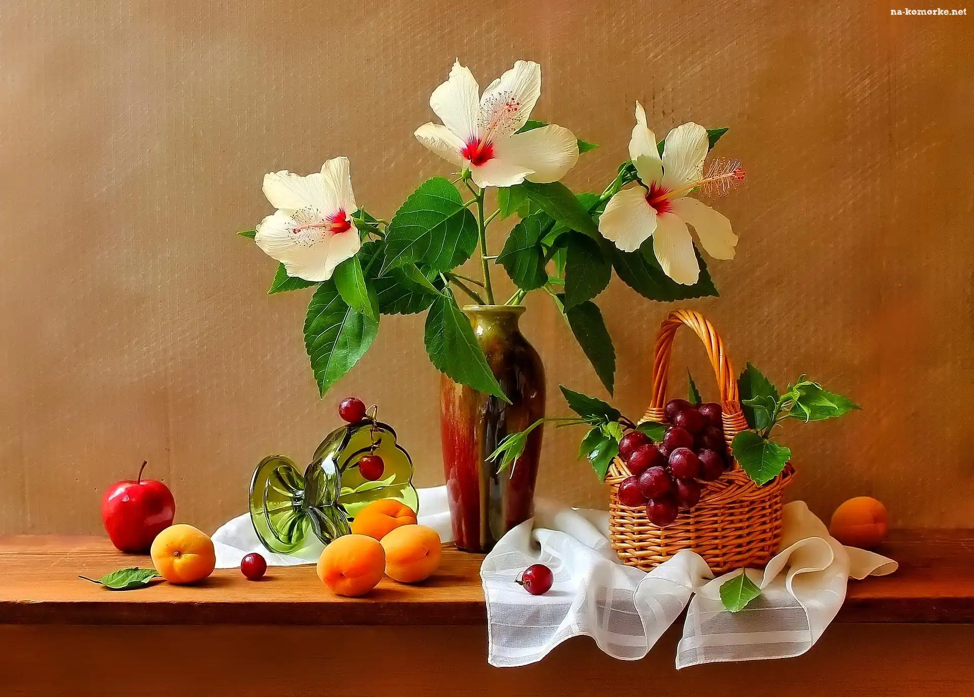 Flakon, Owoce, Różne, Kompozycja, Kwiaty, Koszyk