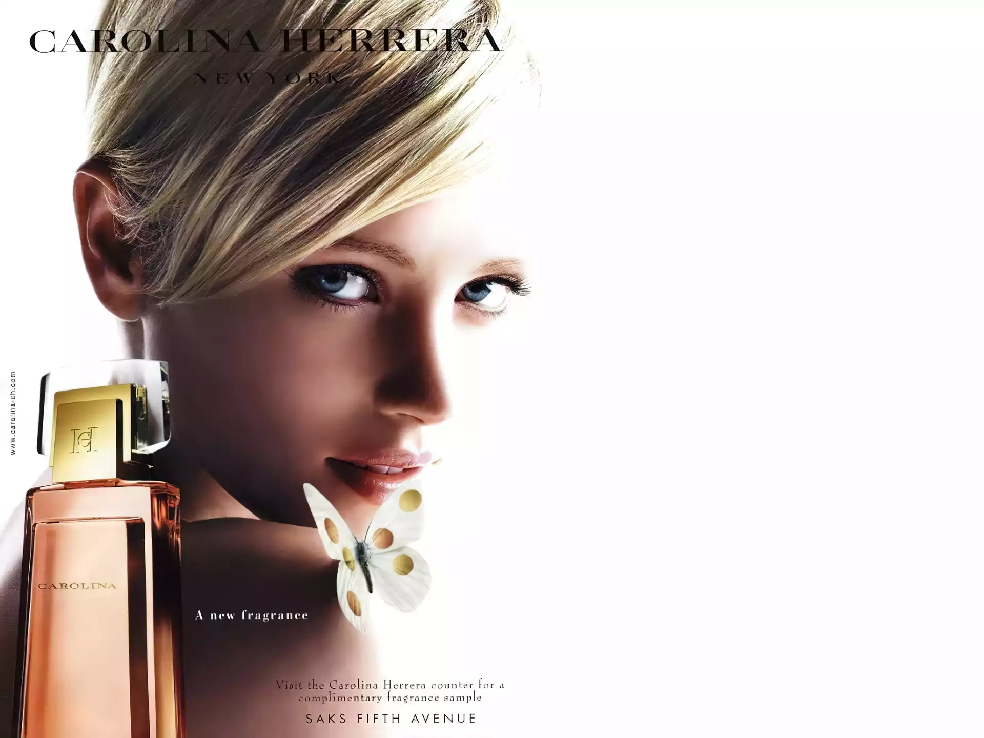 flakon, Carolina Herrera, kobieta, twarz, perfumy