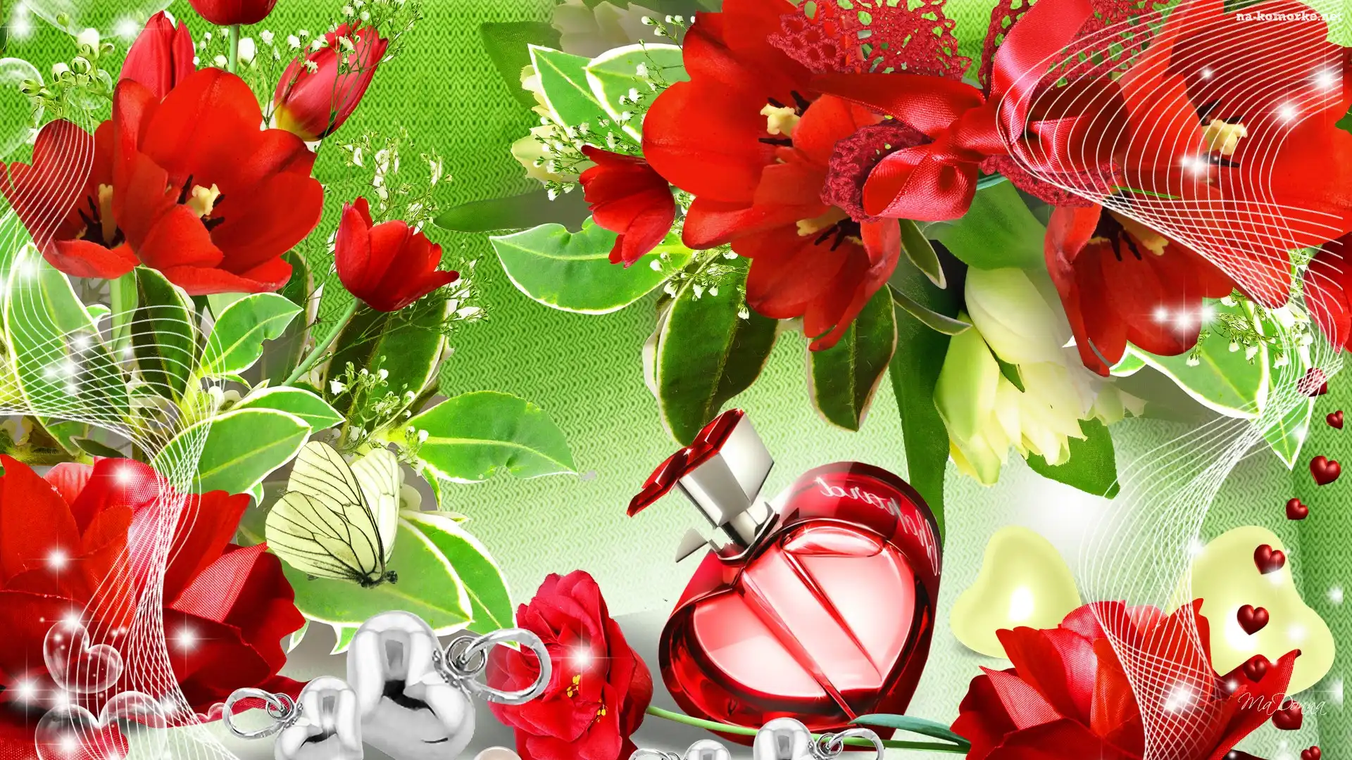 Flakonik, Tulipany, Czerwone, Art, Motyl, Serce