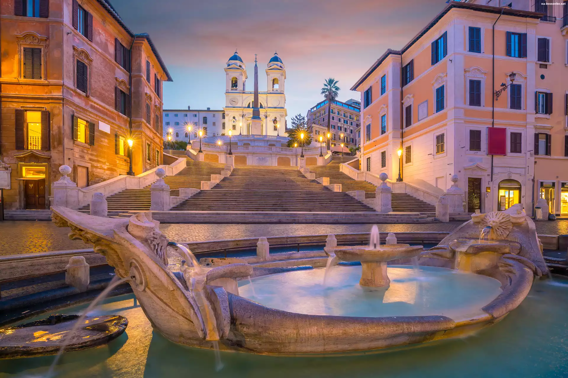 Fontanna, Rzym, Domy, Włochy, Schody Hiszpańskie, Piazza di Spagna