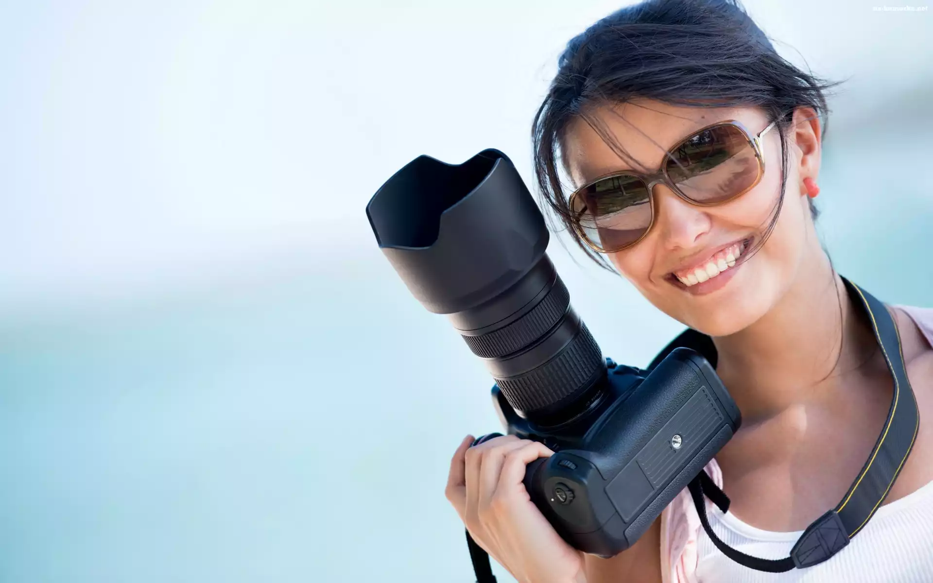 Fotograficzny, Kobieta, Uśmiech, Okulary, Aparat