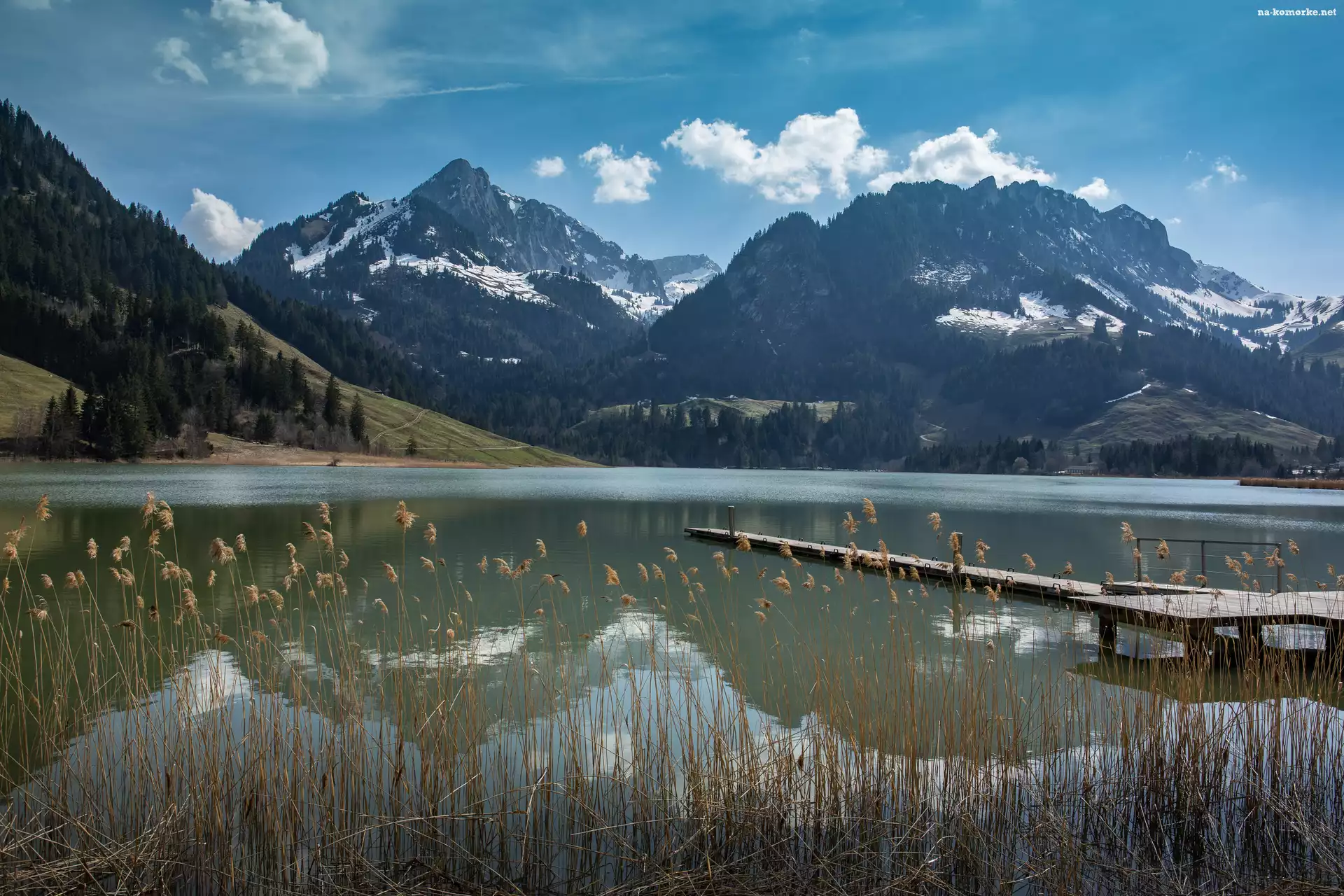 Jezioro Schwarzsee, Szwajcaria, Alpy, Pomost, Góry, Kanton Fryburg