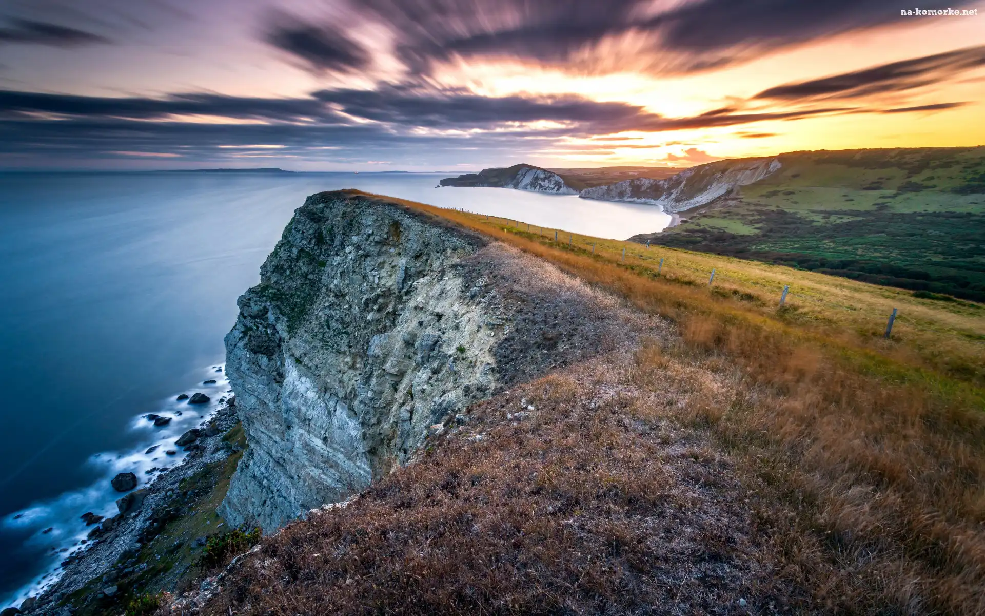 Klif, Wybrzeże, Trawy, Morze, Anglia, Gad Cliff, Hrabstwo Dorset, Zachód słońca, Chmury