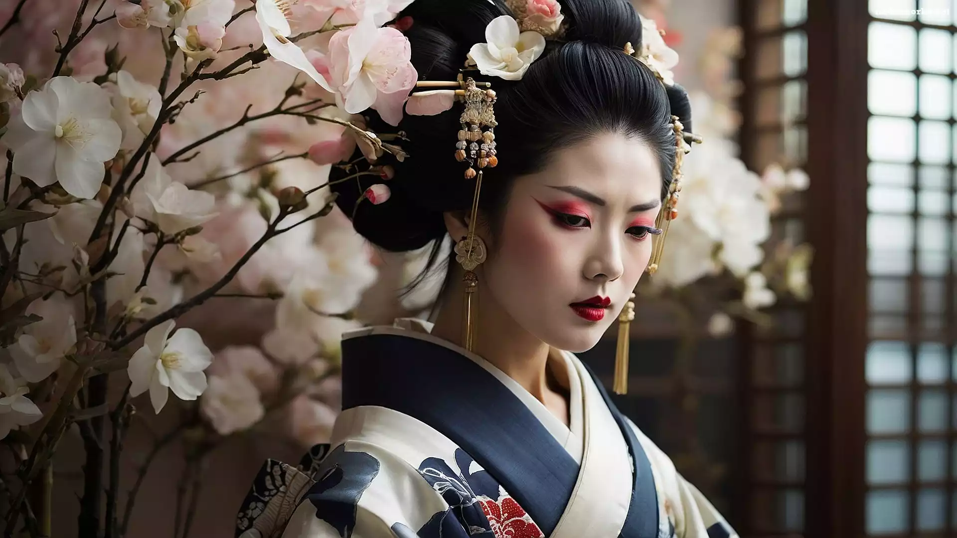 Kimono, Magnolia, Kobieta, Gejsza