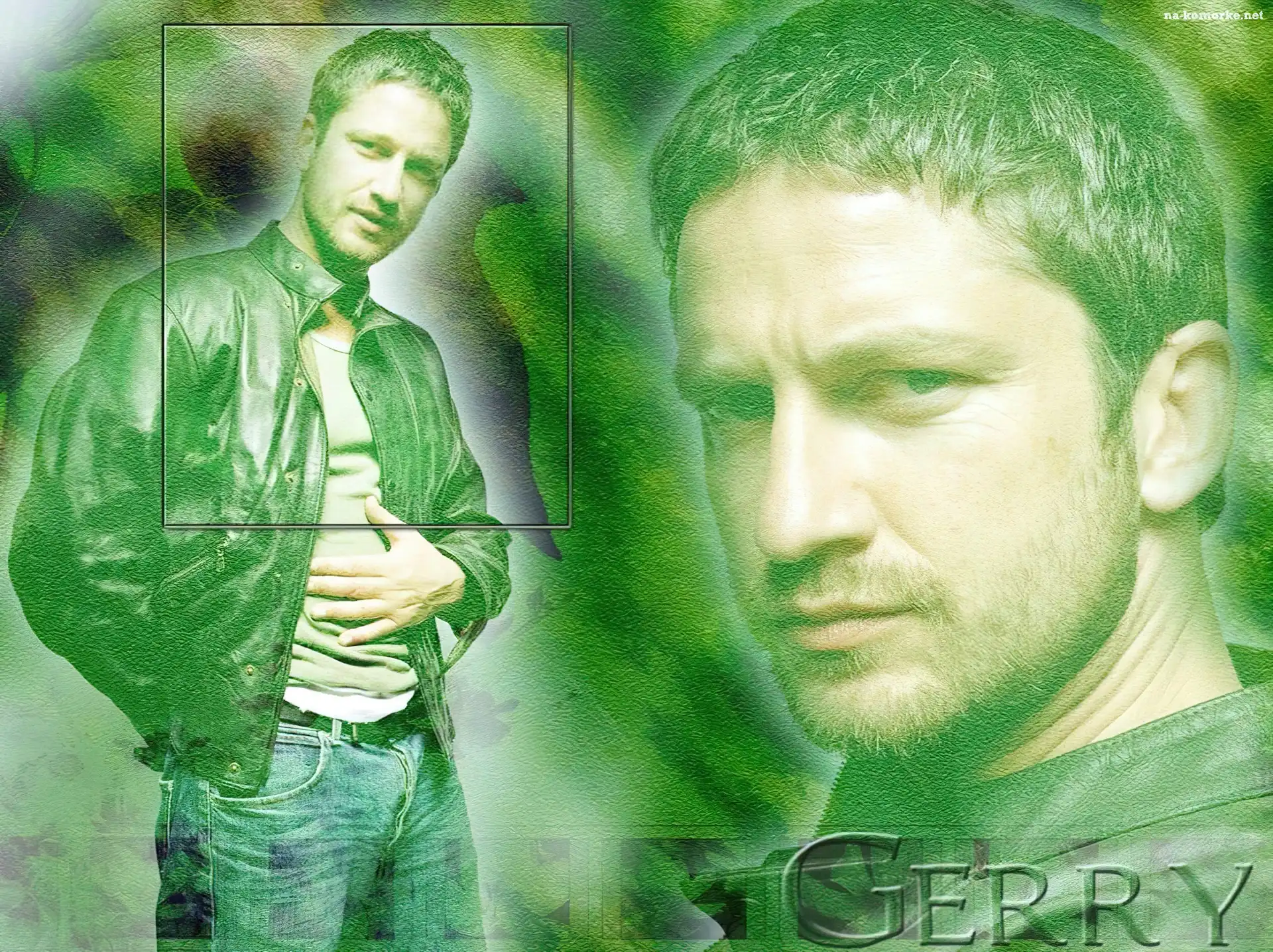 Gerard Butler, czarna kurtka, jasne włosy