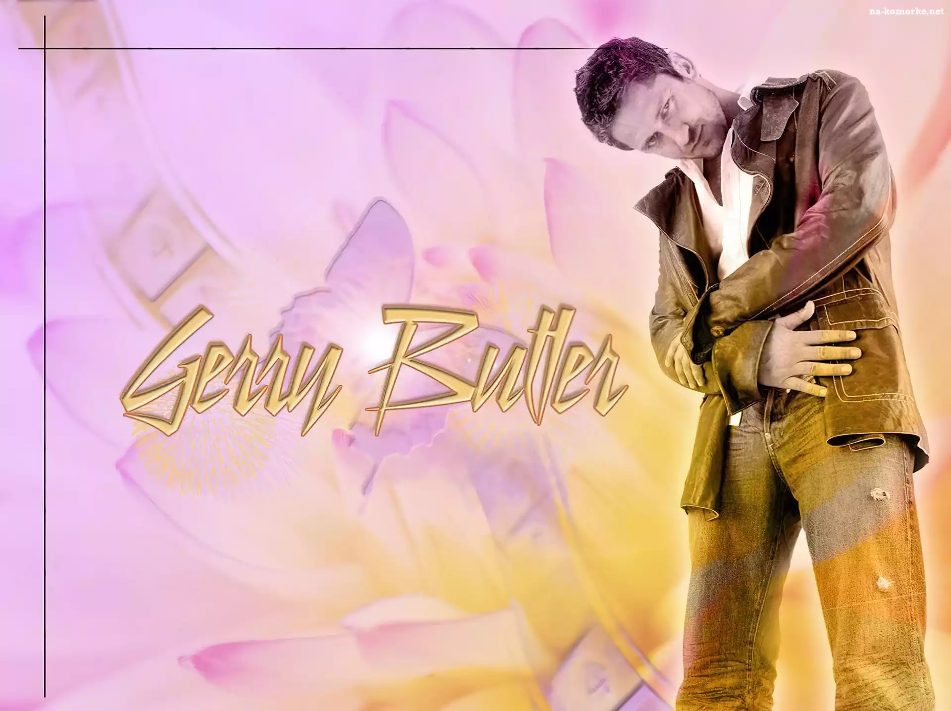 Gerard Butler, jeansy, kurtka