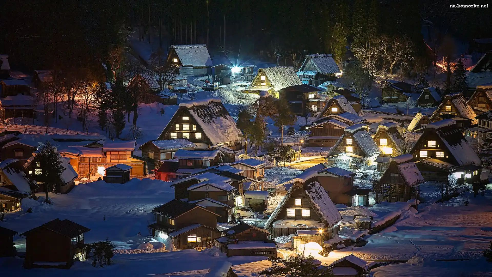 Zima, Honsiu, Japonia, Oświetlone, Domy, Wieś Shirakawa, Prefektura Gifu