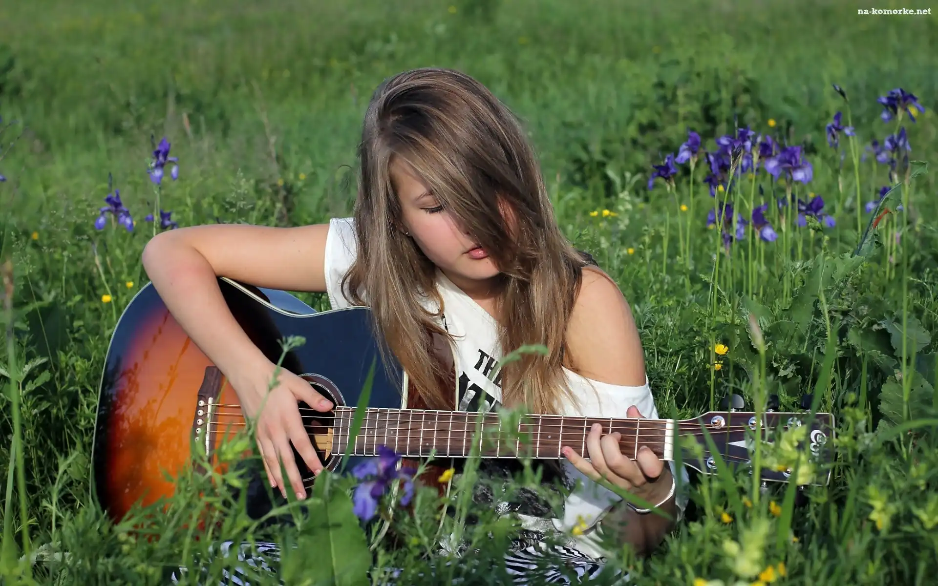 Gitara, Łąka, Trawa, Kwiaty, Dziewczyna