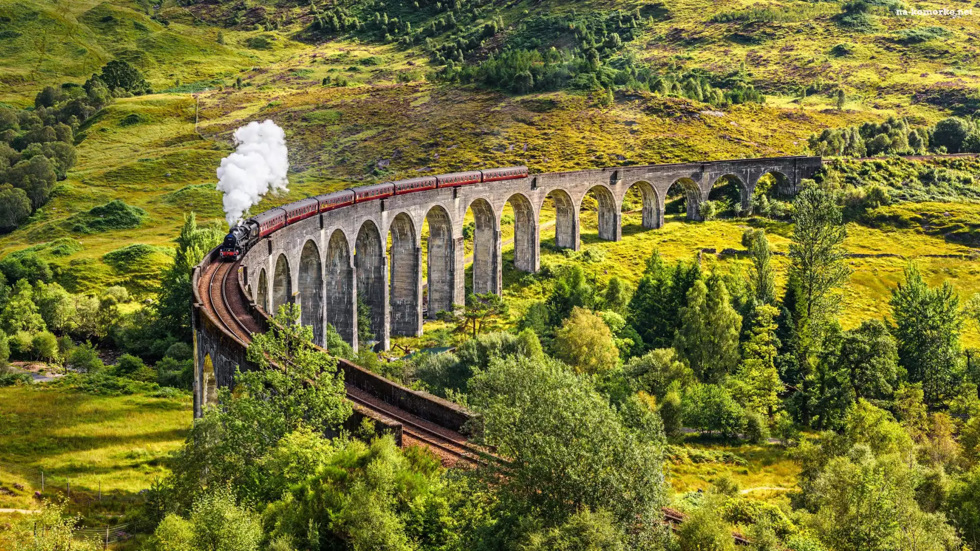 Wiadukt Glenfinnan, Miejscowość Glenfinnan, Szkocja, Roślinność, Dolina, Pociąg