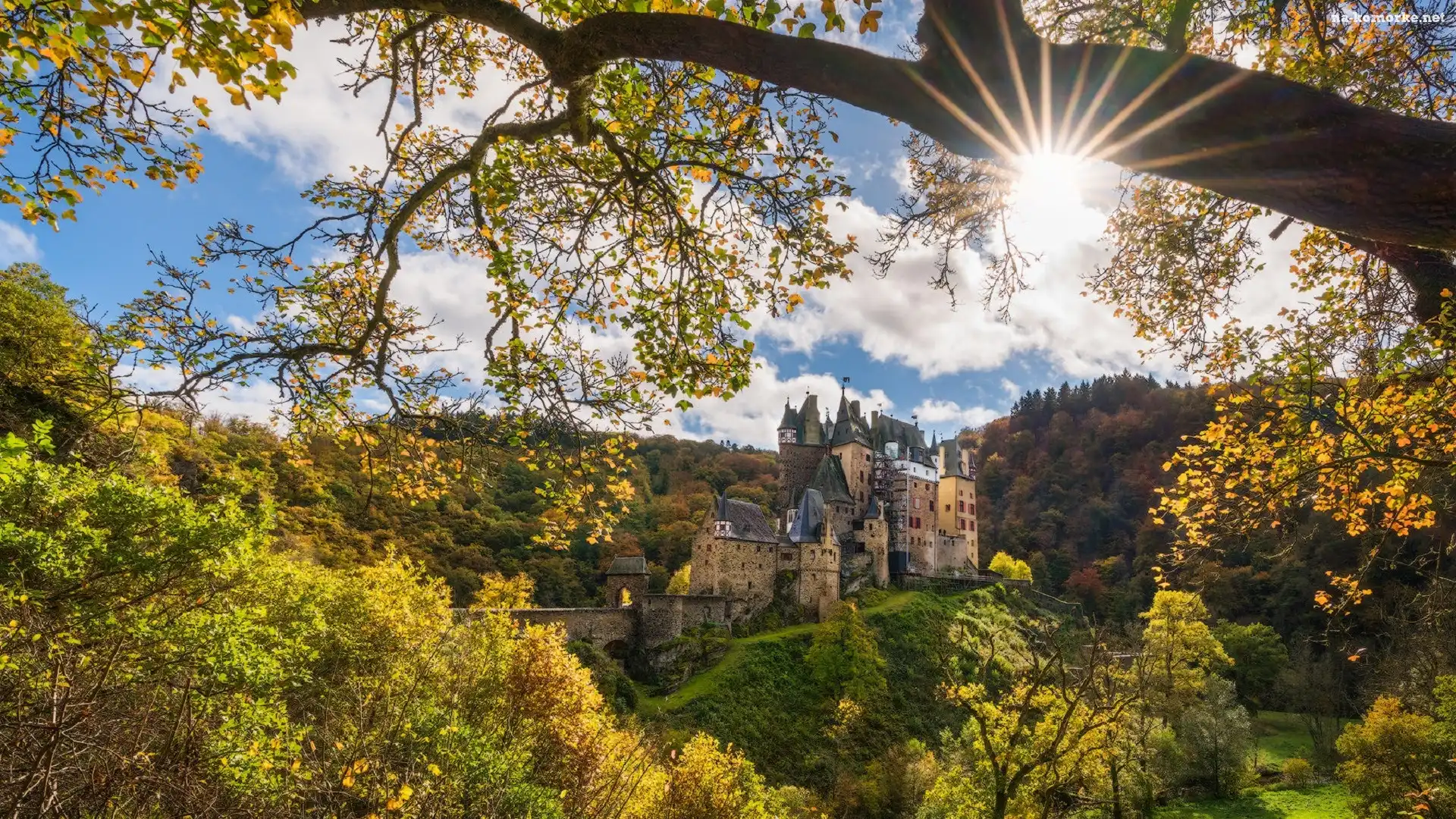 Gmina Wierschem, Niemcy, Jesień, Góry Eifel, Promienie słońca, Nadrenia-Palatynat, Drzewa, Zamek Eltz Kotlina, Las